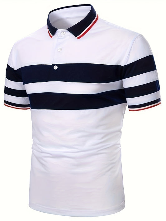 Men's Contrast Collar Design Short Sleeve Lapel Golf Shirts, Casual Style Slight Stretch Regular Fit Summer Tops, Summer Golf Shirts