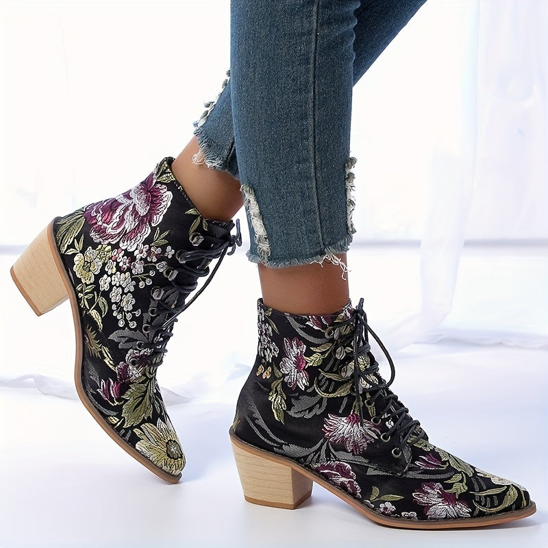 Women's Floral Embroidered Chunky Heel Boots, Fashion Point Toe Lace Up Boots, Comfortable Cowboy Boots