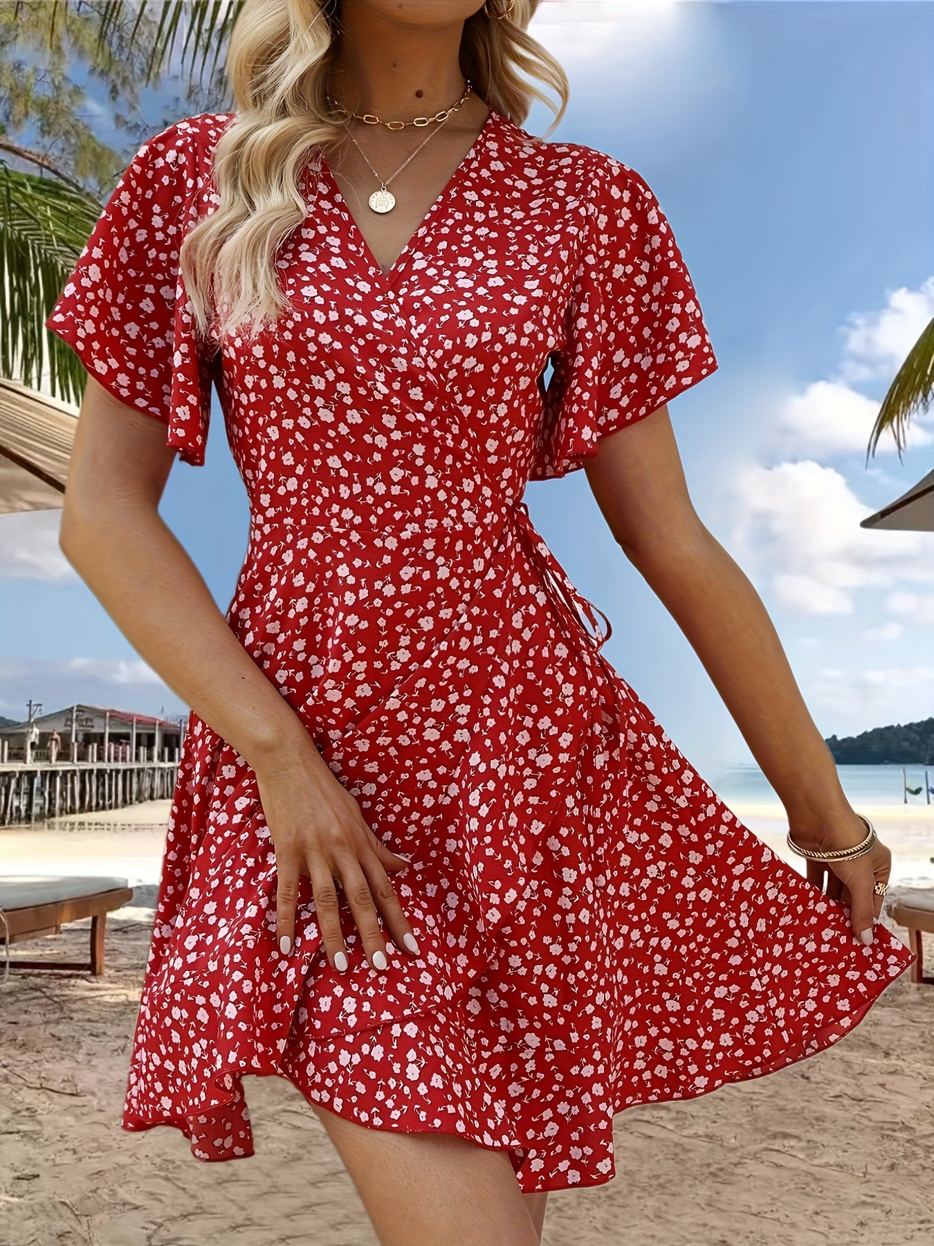 Floral Print V-neck Dress, Elegant Short Sleeve Cinched Waist Ruffle Hem Dress For Spring & Summer, Women's Clothing