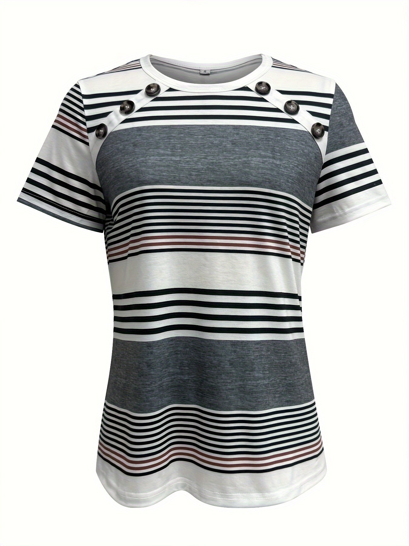 Striped Print Short Sleeve T-shirt, Casual Button Front Crew Neck Top For Spring & Summer, Women's Clothing