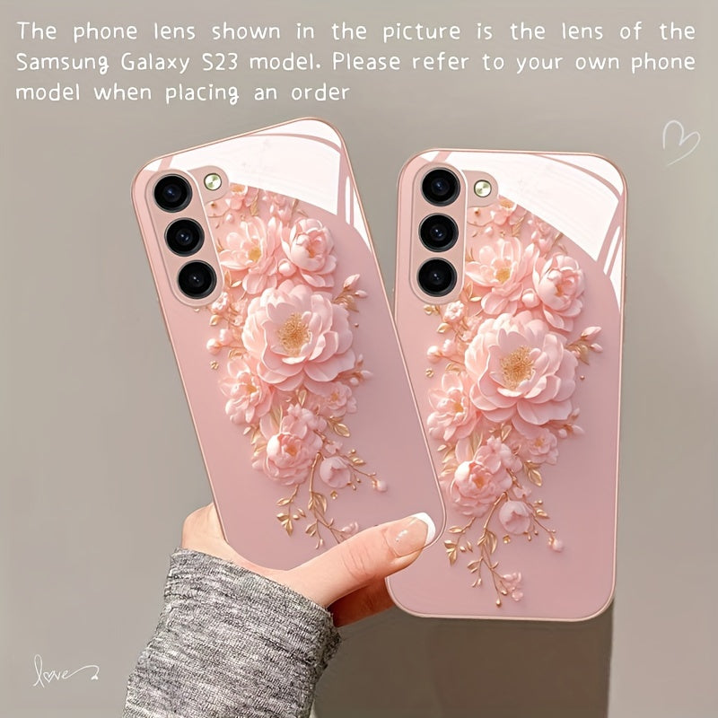 Pink Flower Glass Phone Case For SamSung For Galaxy Series - Compatible with s24/s24 plus/s24 ultra, s23/s23 plus/s23 ultra, s22/s22 plus/s22 ultra, s21/s21 plus/s21 ultra/s21 fe, s20/s20 plus/s20 ultra, A 03/a 04/a 13/a 14/a