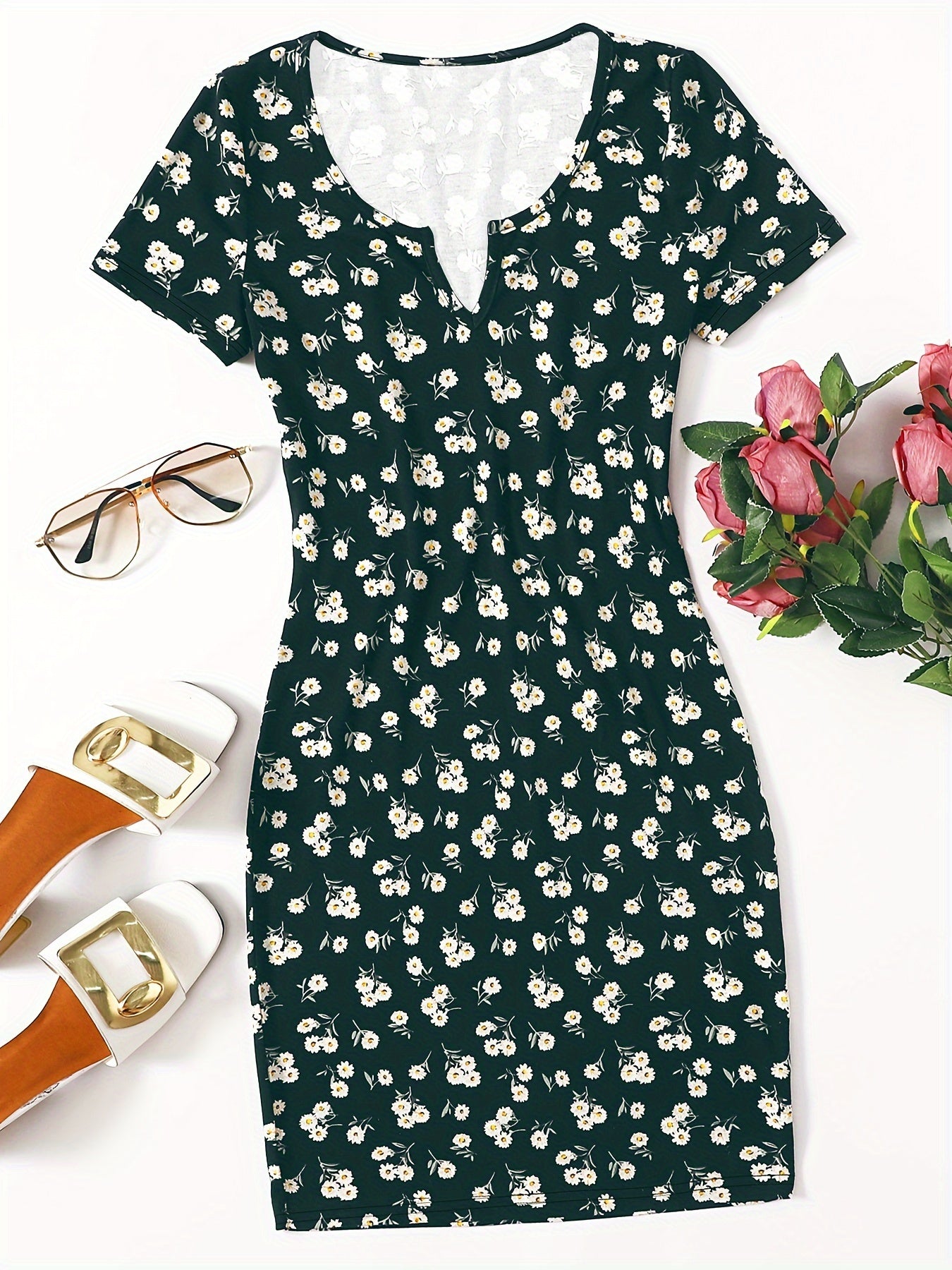 Floral Print Notched Neck Dress, Casual Short Sleeve Dress For Spring & Summer, Women's Clothing