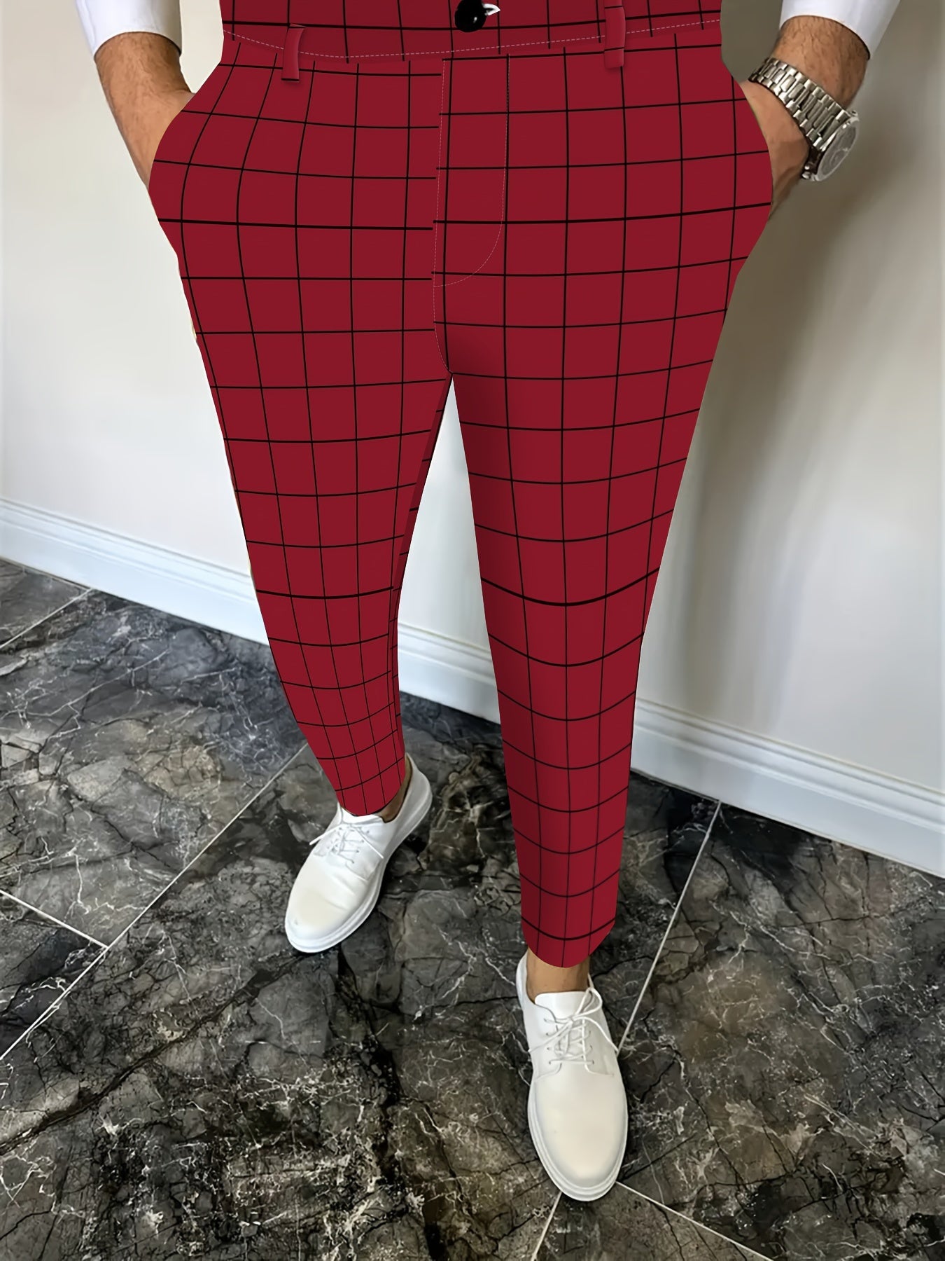 Contrast Color Plaid Pattern Mid Stretch Slim Fit And Cuffed Classic Pants For Men, Casual Trousers For Business And Formal Party Wear