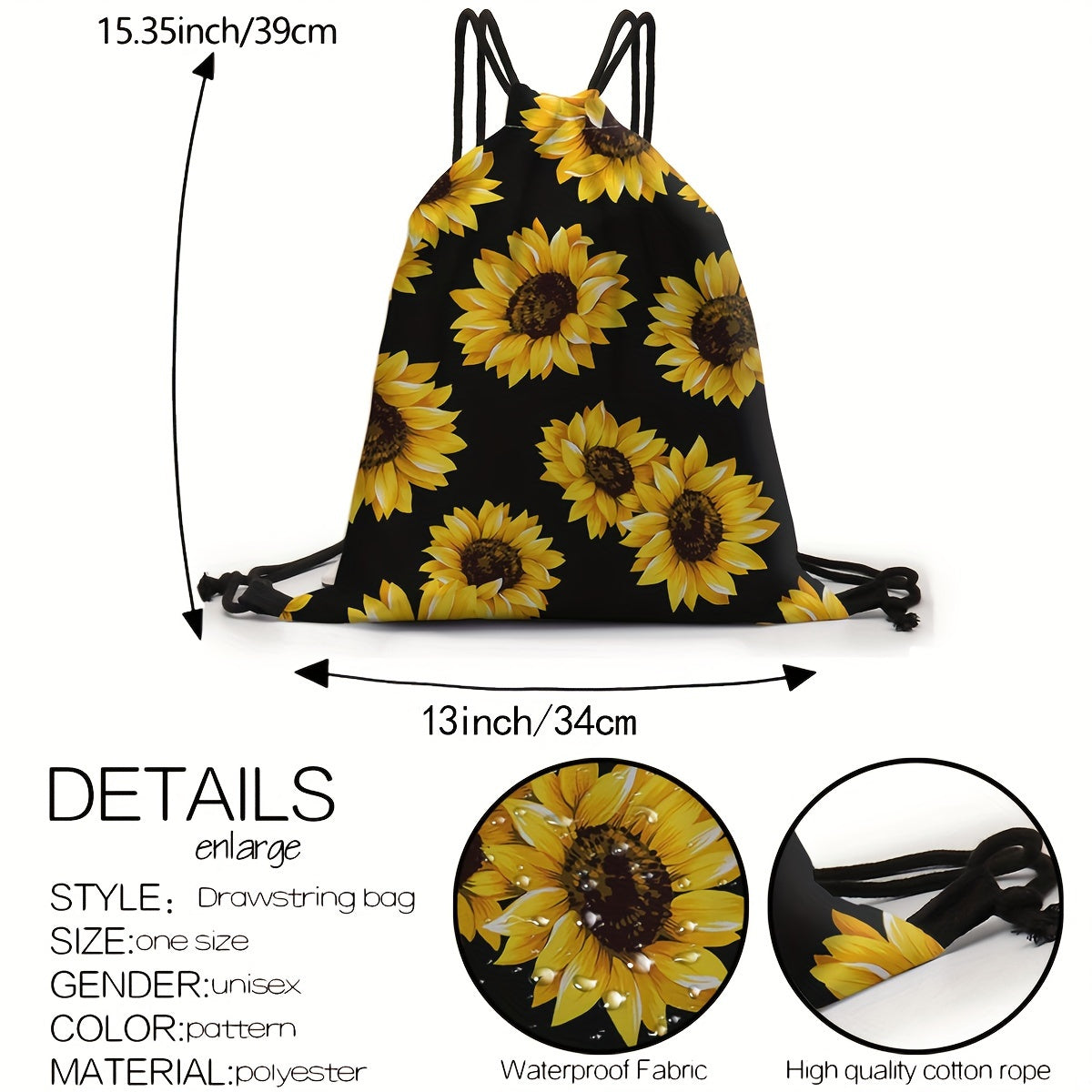 Sunflower Drawstring Backpack - Stylish Unisex Bag for Everyday Use