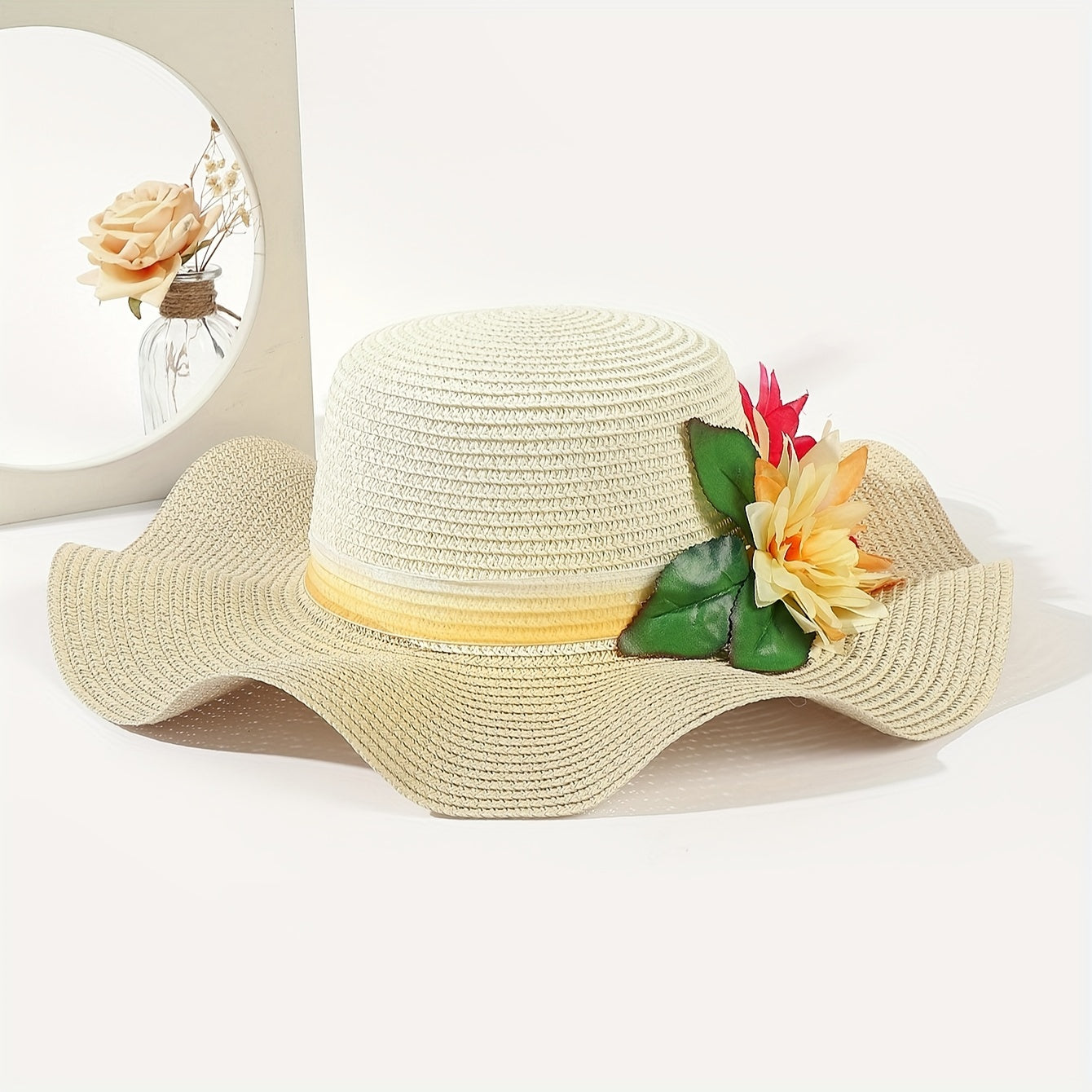 Women's Summer Wide Brim Sun Hat with Flower Accents, Paper Straw Beach Hat, Easter Holiday Stripe Crafted, Non-Elastic Toggle Closure, UV Protection - Pack of 1