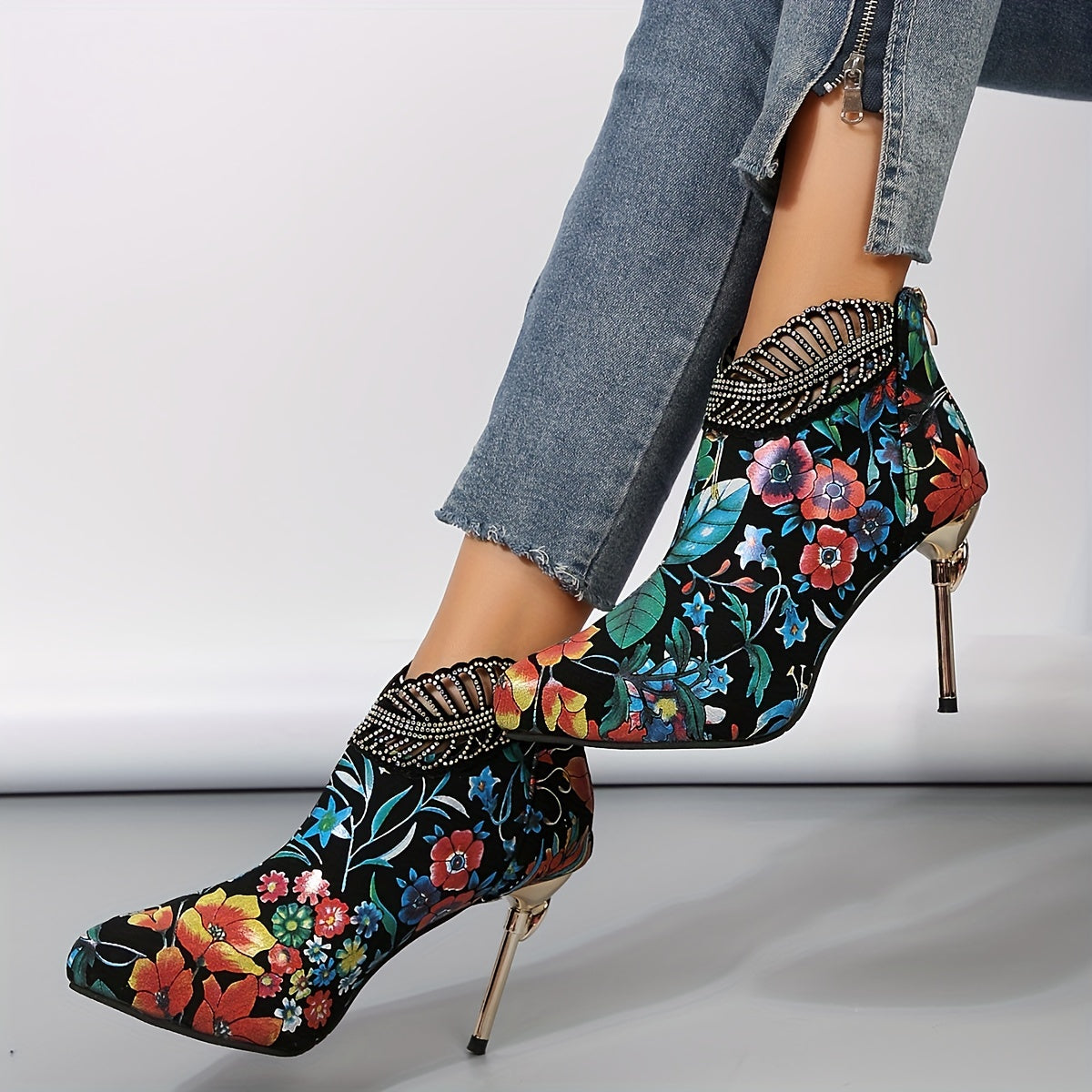 Women's Floral Pattern Platform Boots, Back Zipper Casual Stiletto Rhinestone Decor Shoes, Trendy Point Toe Boots