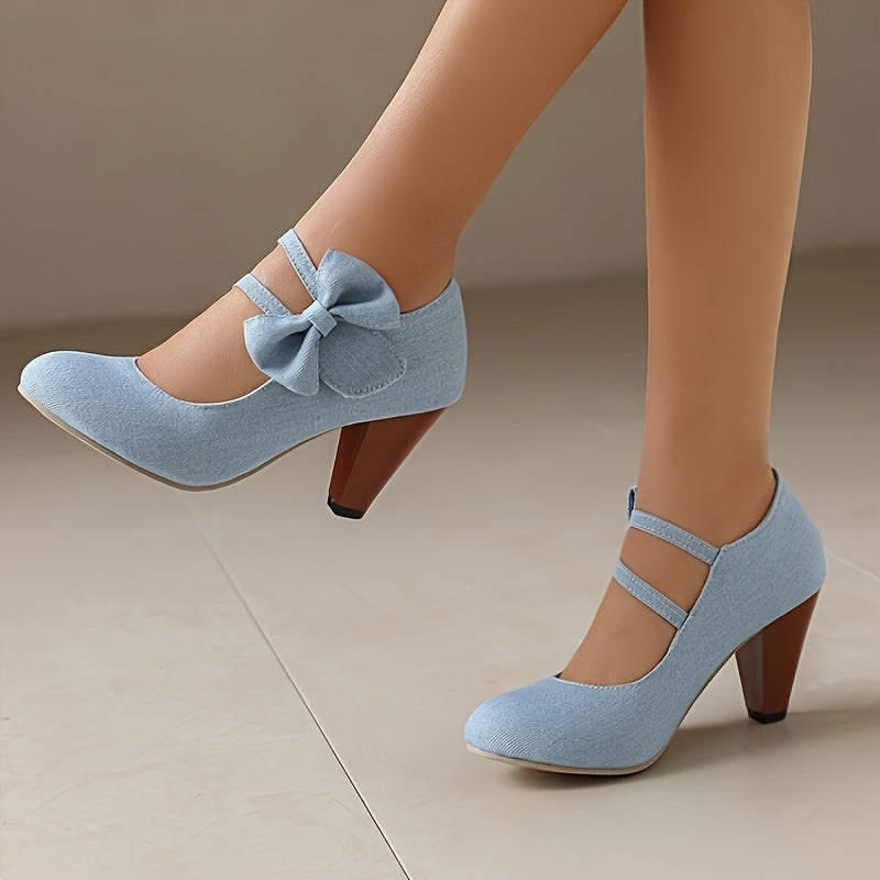 Women's Fashion Denim Mary Jane Kitten Heels with Bowknot, Round Toe High Heels for Dress, Party, Banquet, Festival