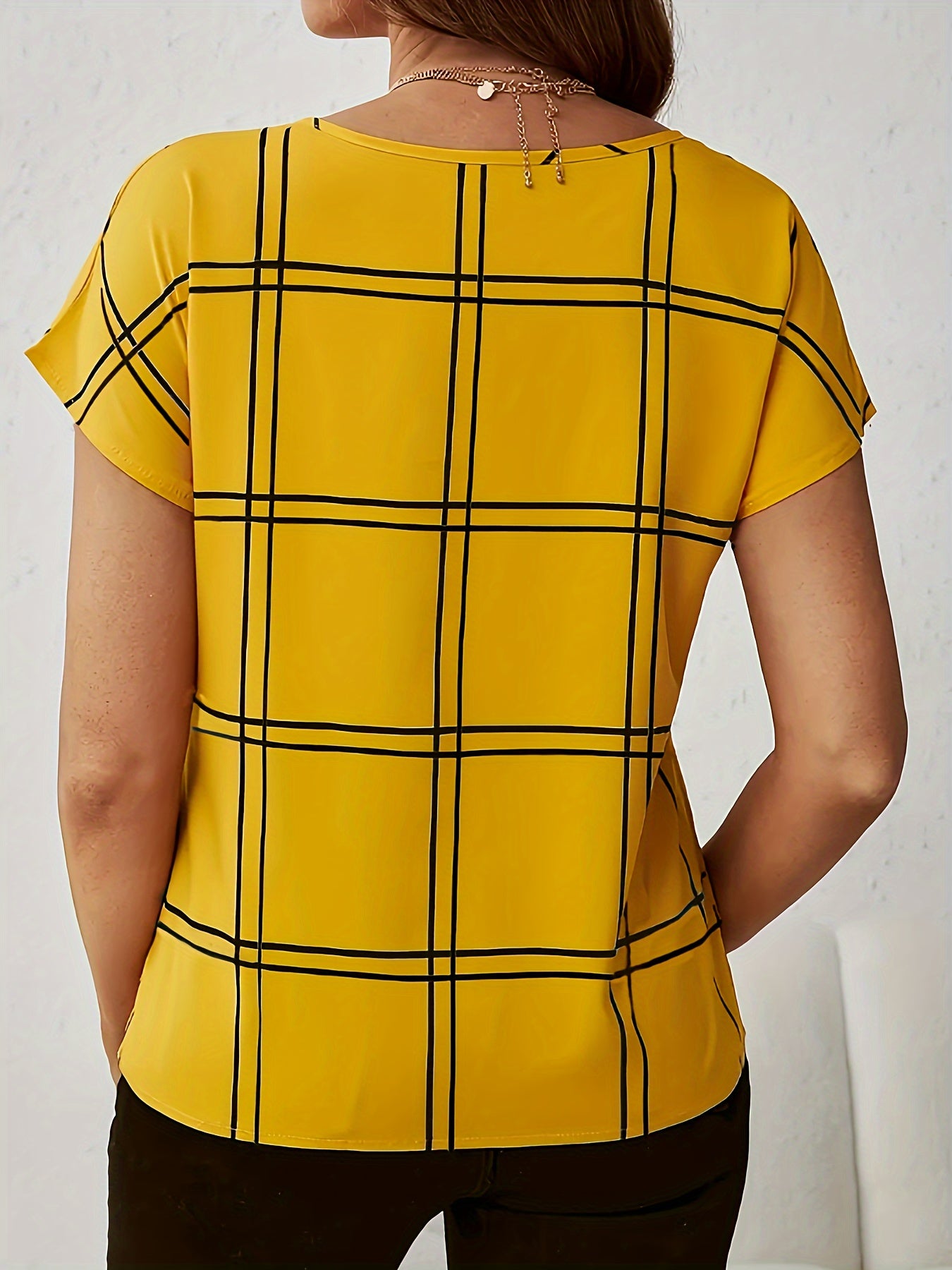 Plaid Print Notched Neck Blouse, Elegant Short Sleeve Blouse For Spring & Summer, Women's Clothing