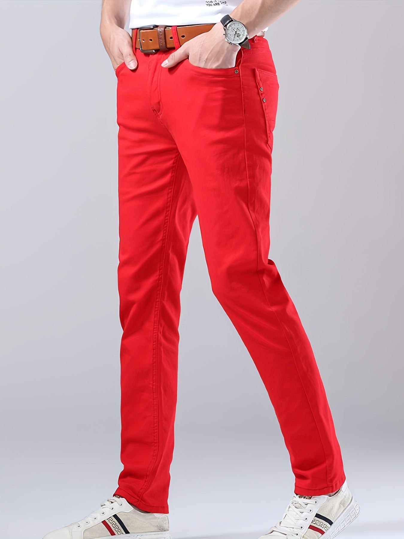 Men's Classic Red Casual Straight-Leg Pants - Stretch Cotton Blend, All-Season Business Dress Trousers