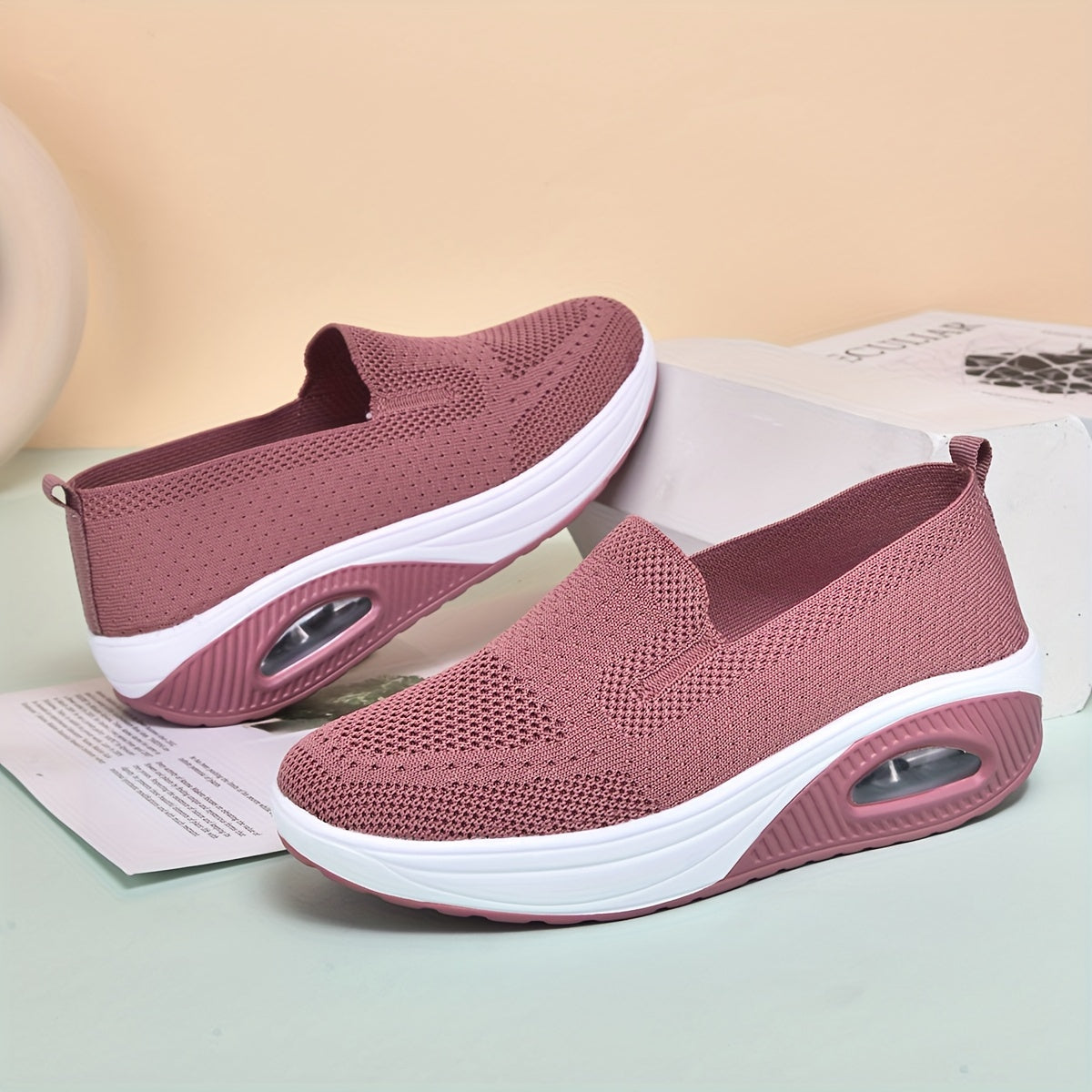 Women's Casual Slip On Sneakers, Platform Soft Sole Knitted Walking Shoes, Air-cushion Breathable Wedge Shoes For Autumn