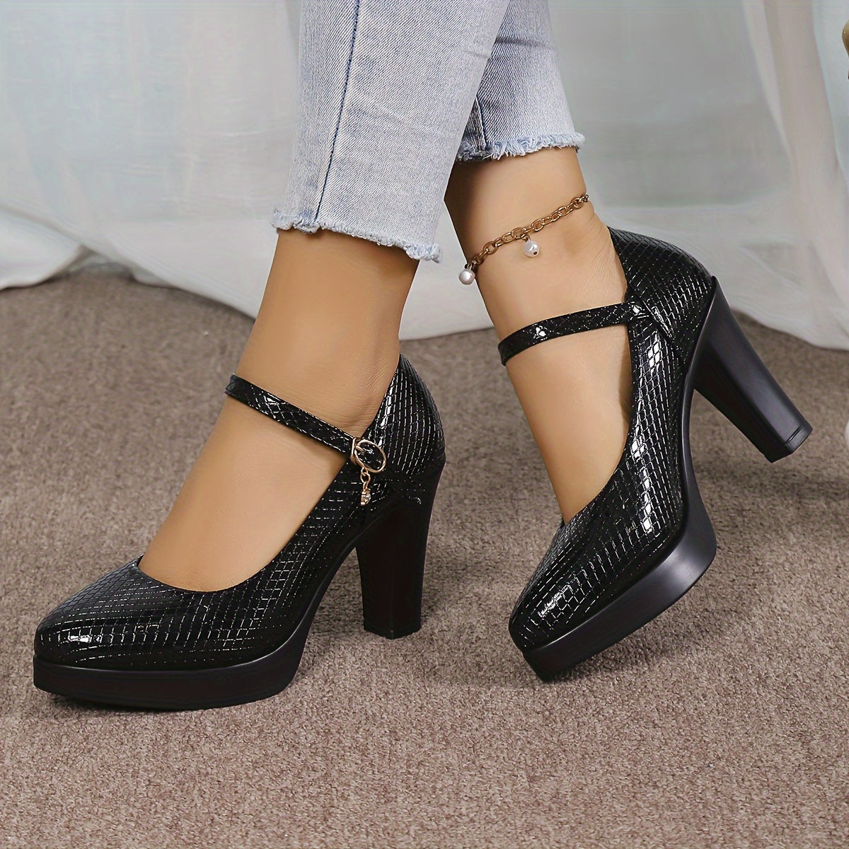 Women's Geometric Pattern Block Heels, Elegant Buckle Strap Dress Pumps, Women's Fashion Heels