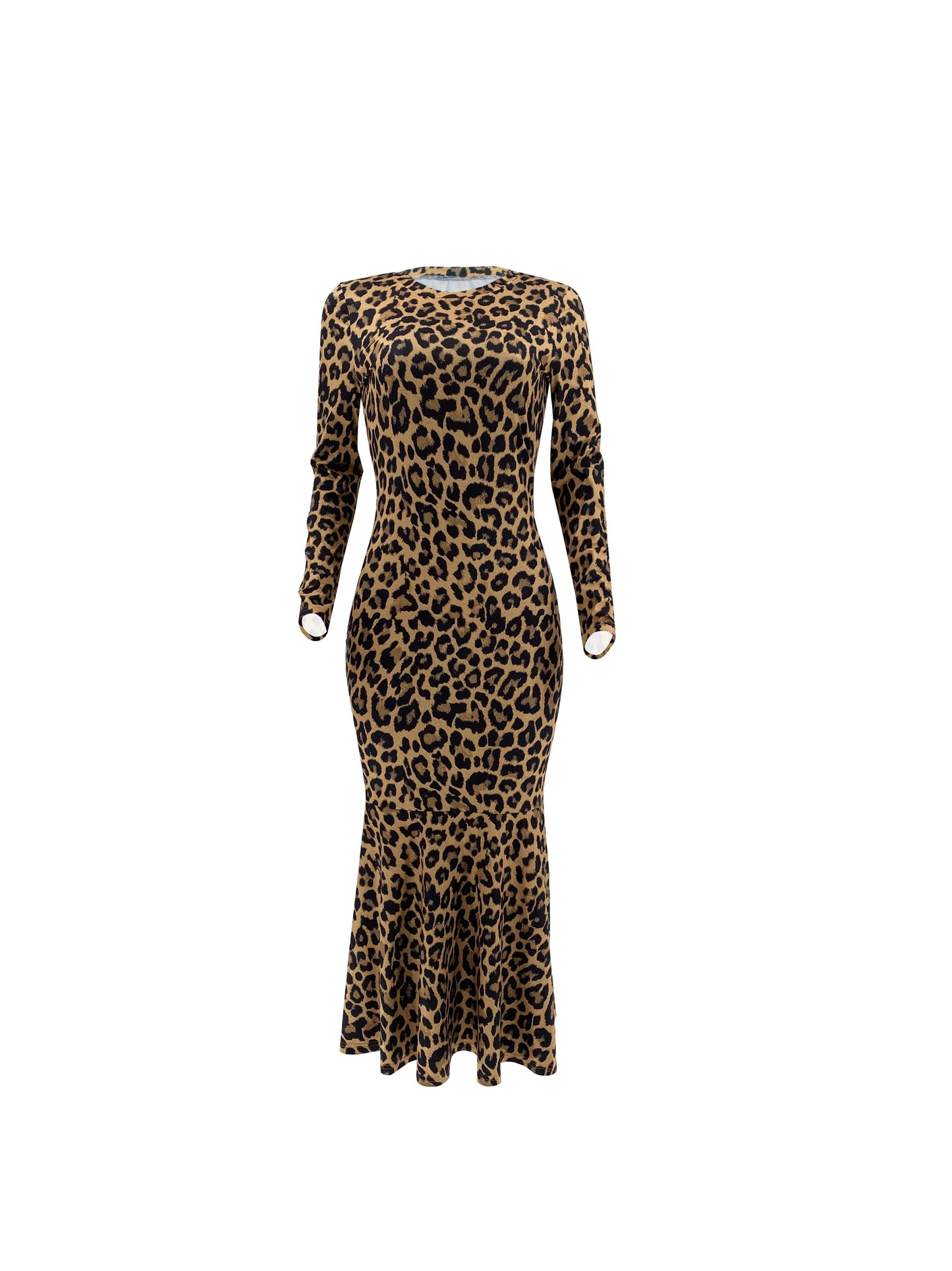 Leopard Print Crew Neck Dress, Elegant Long Sleeve Slim Dress For Spring & Fall, Women's Clothing