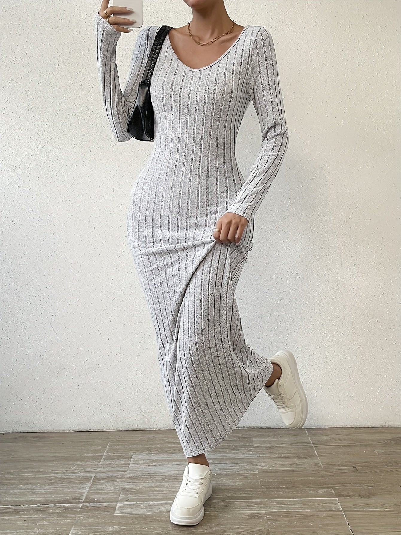 Ribbed Solid Dress, Casual Crew Neck Long Sleeve Maxi Dress, Women's Clothing