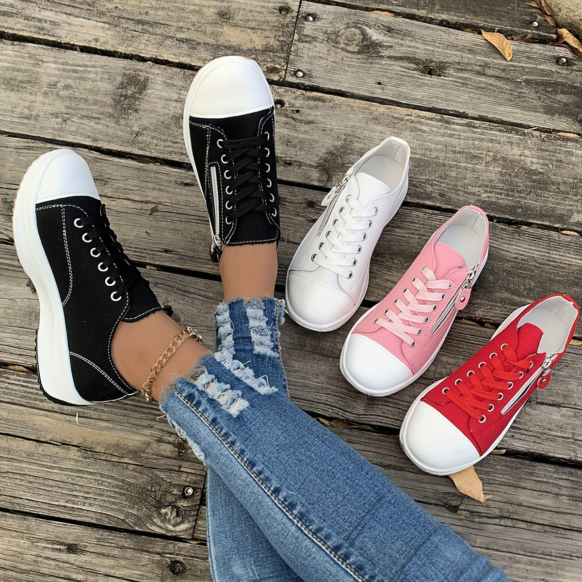 Women's Summer Canvas Sneakers - Chunky Sole, Casual Skate Shoes, Lace-Up, Versatile Sports Footwear