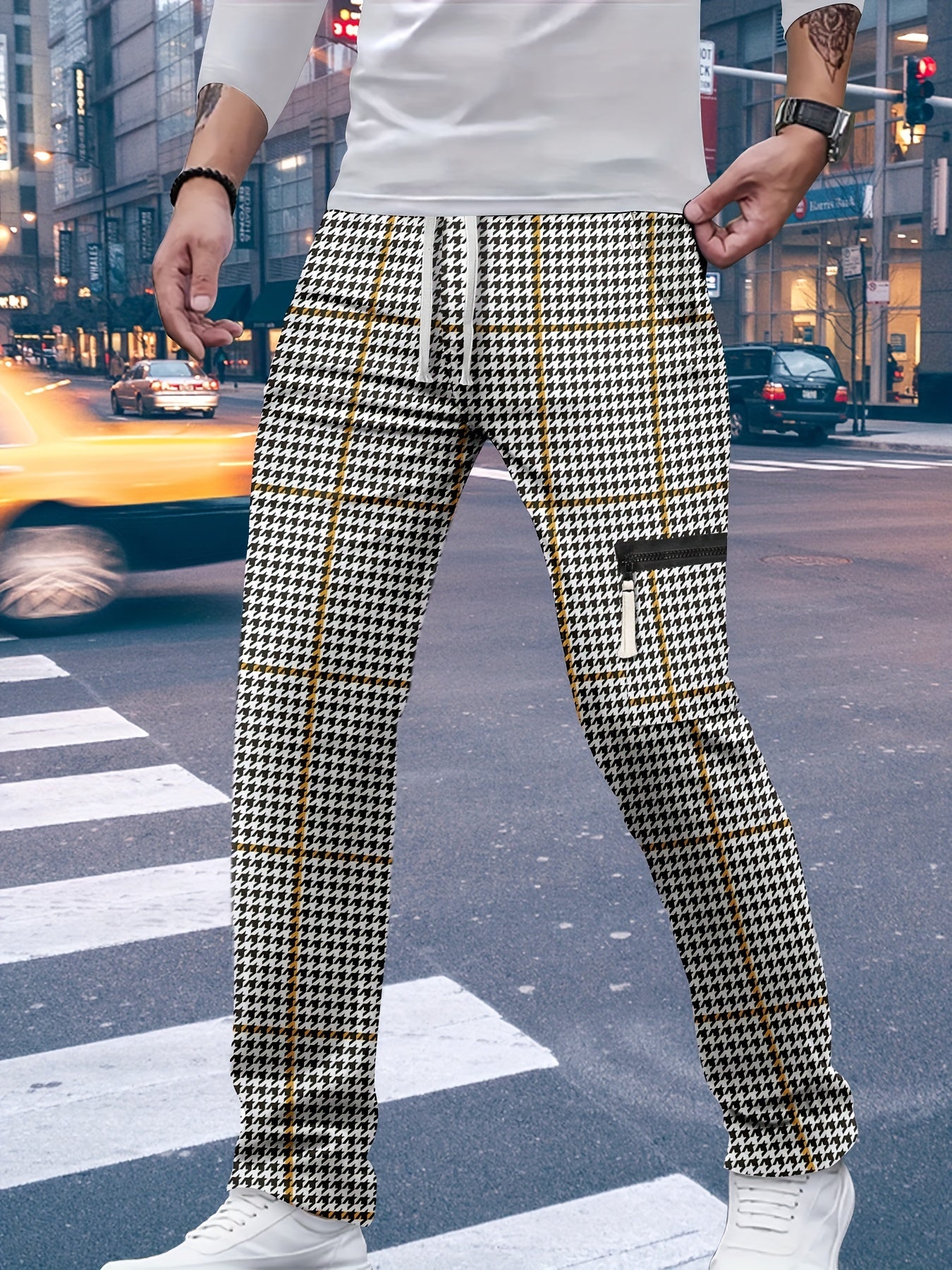 Men's Chic Style Houndstooth Print Cargo Pants, Casual Outdoor Multi-Pocket Pants For Street Wear, Spring And Fall