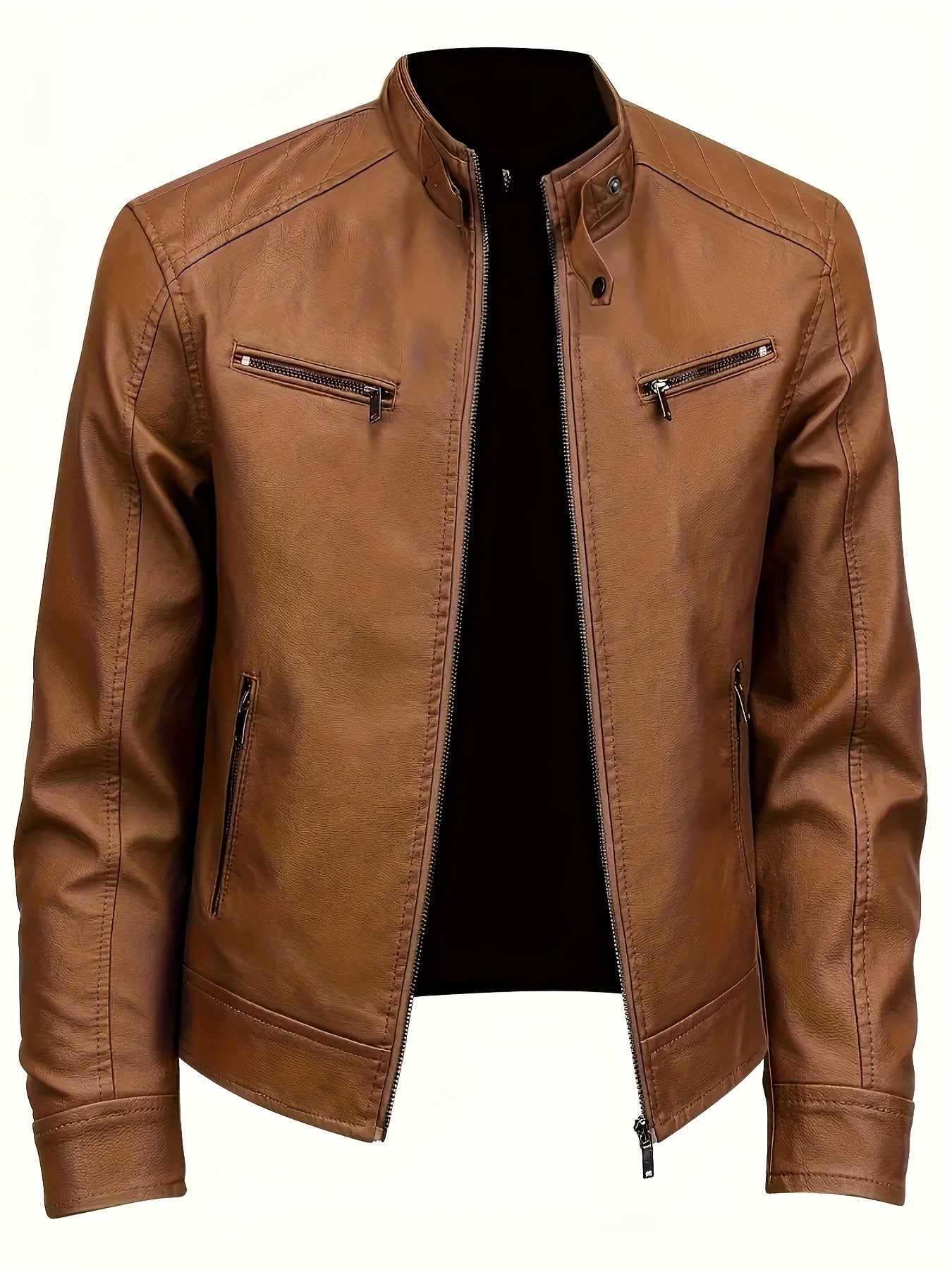 Men's PU Leather Jacket With Multi Zipper Pockets, Casual Stand Collar Zip Up Long Sleeve Jacket For Outdoor