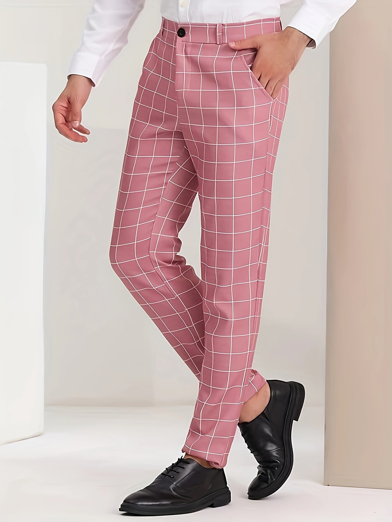 Classic Plaid Design Dress Pants, Men's Formal Slightly Stretch Dress Pants For Business Occasions