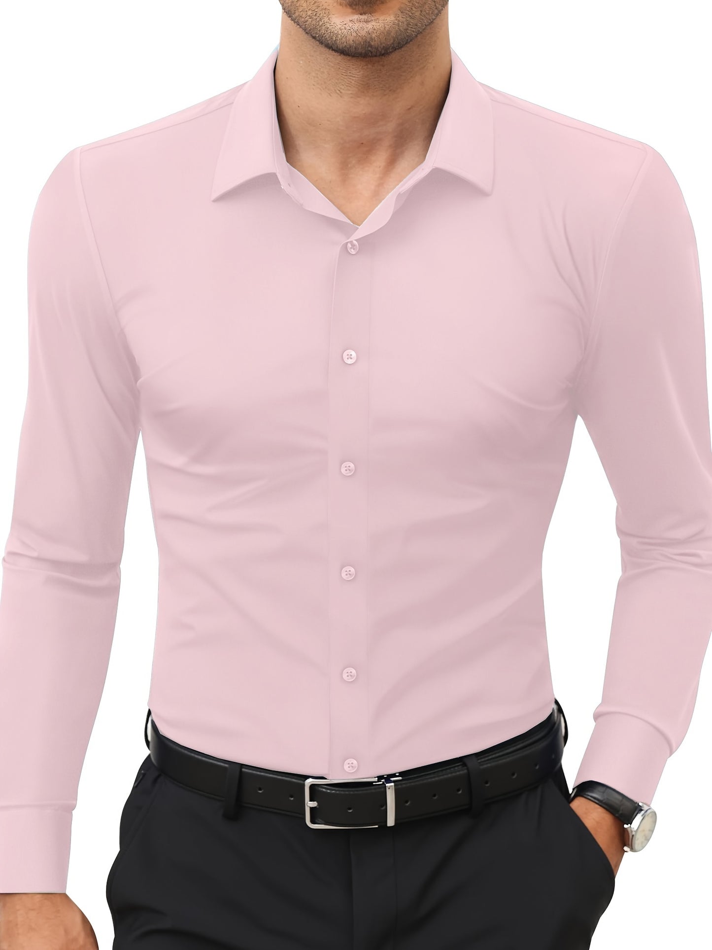 Basic Solid Men's Daily Stretch Formal Dress, Men's Slim Fit Long Sleeve Button Up Shirt, Spring Fall