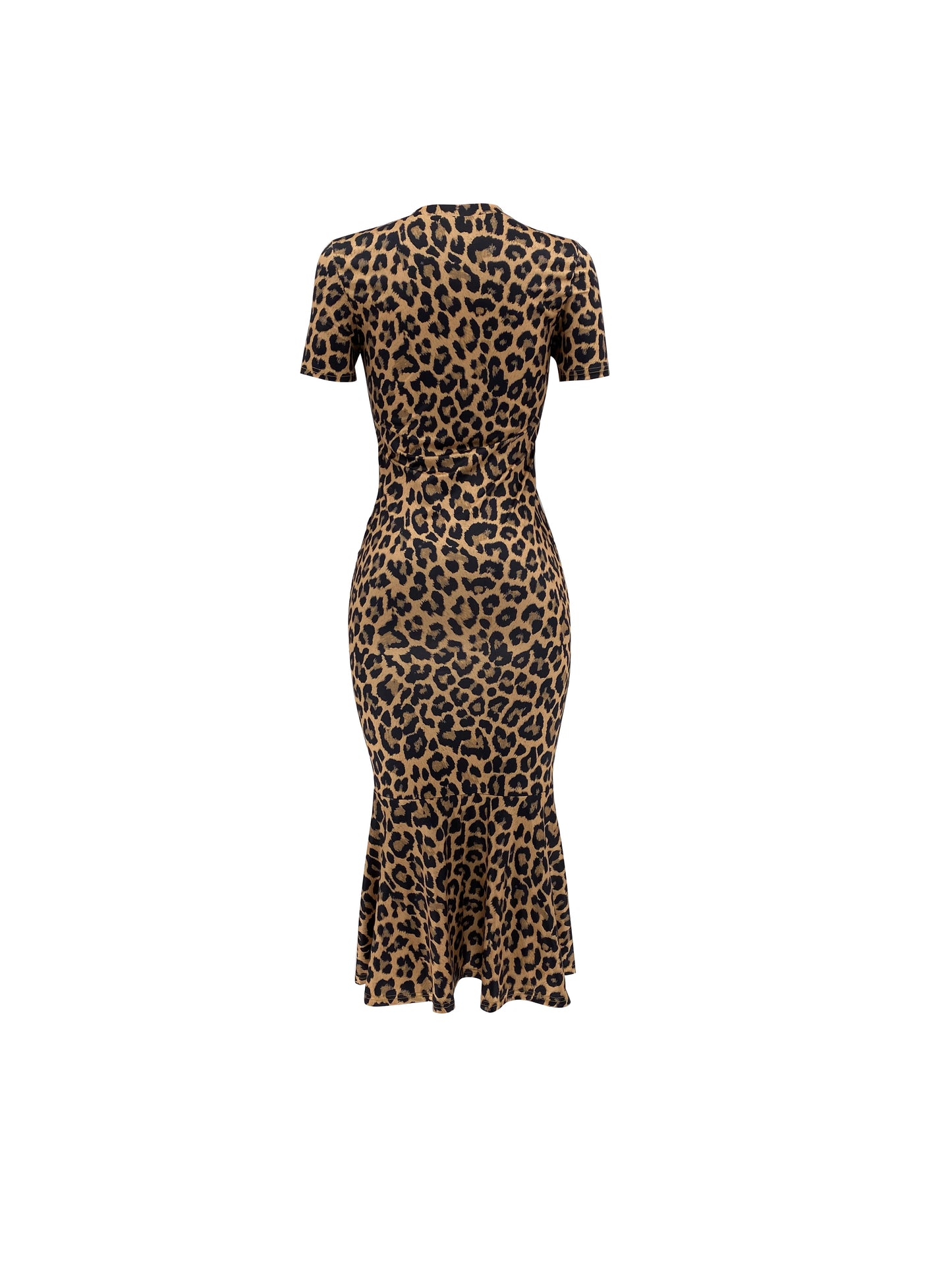 Leopard Print Bodycon Crew Neck Dress, Elegant Short Sleeve Dress For Spring & Summer, Women's Clothing