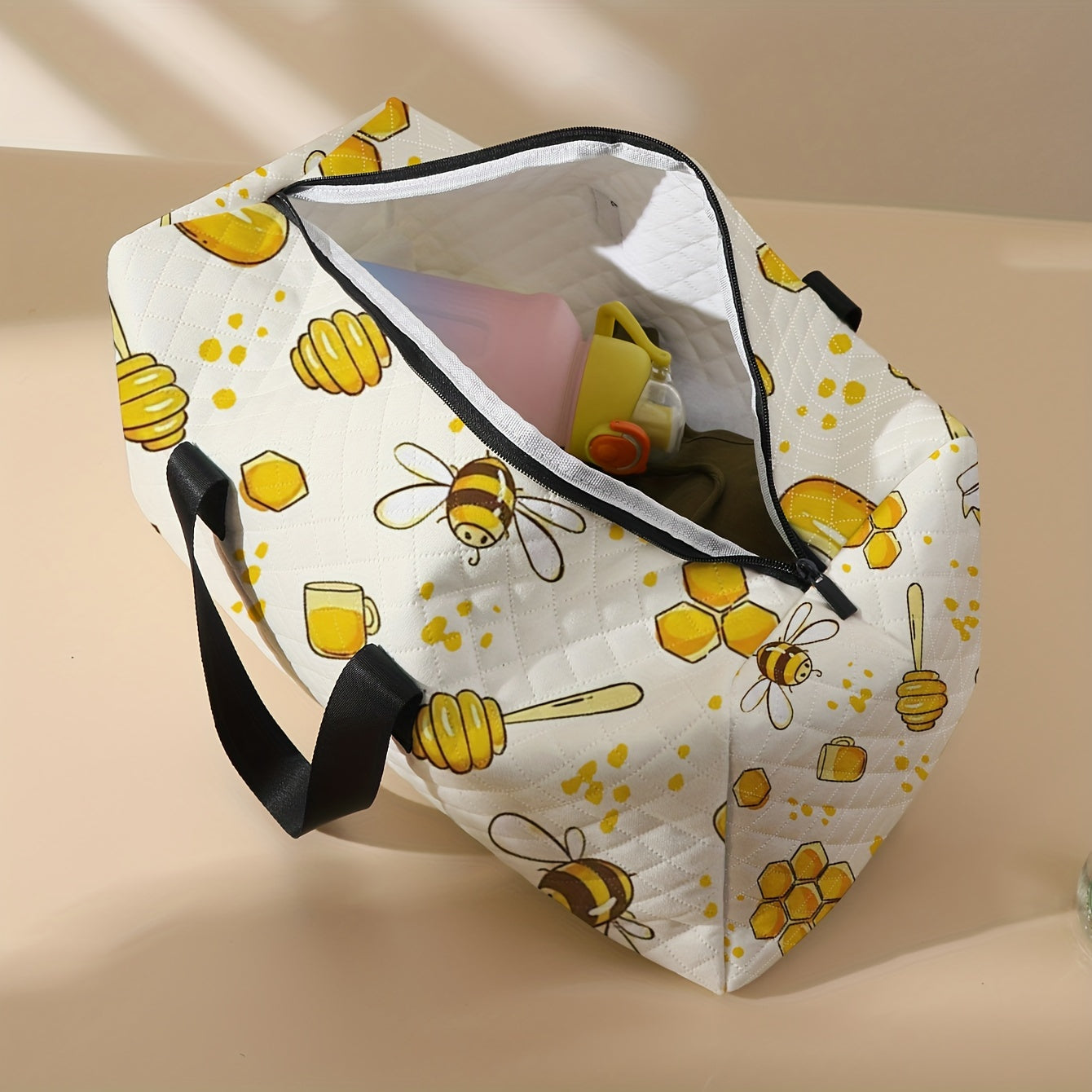 Foldable Large Capacity Travel Tote Bag With Bee And Honey Pattern, Tote Bag With Shoe Compartment, Stylish Messenger Bag, Overnight Luggage Bag, Suitable For Gym, Yoga