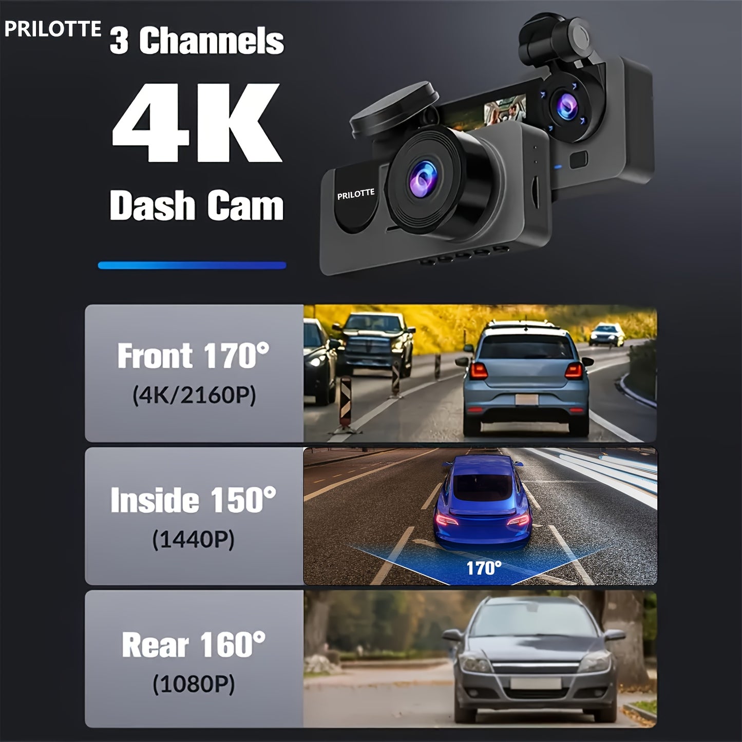 Dash Camera For Cars, 4K Full UHD Car Camera Front Rear With Free 32GB SD Card, Dashcams For Cars With Night Vision, 24 Hours Parking Mode, WDR, G-Sensor, Motion Detection