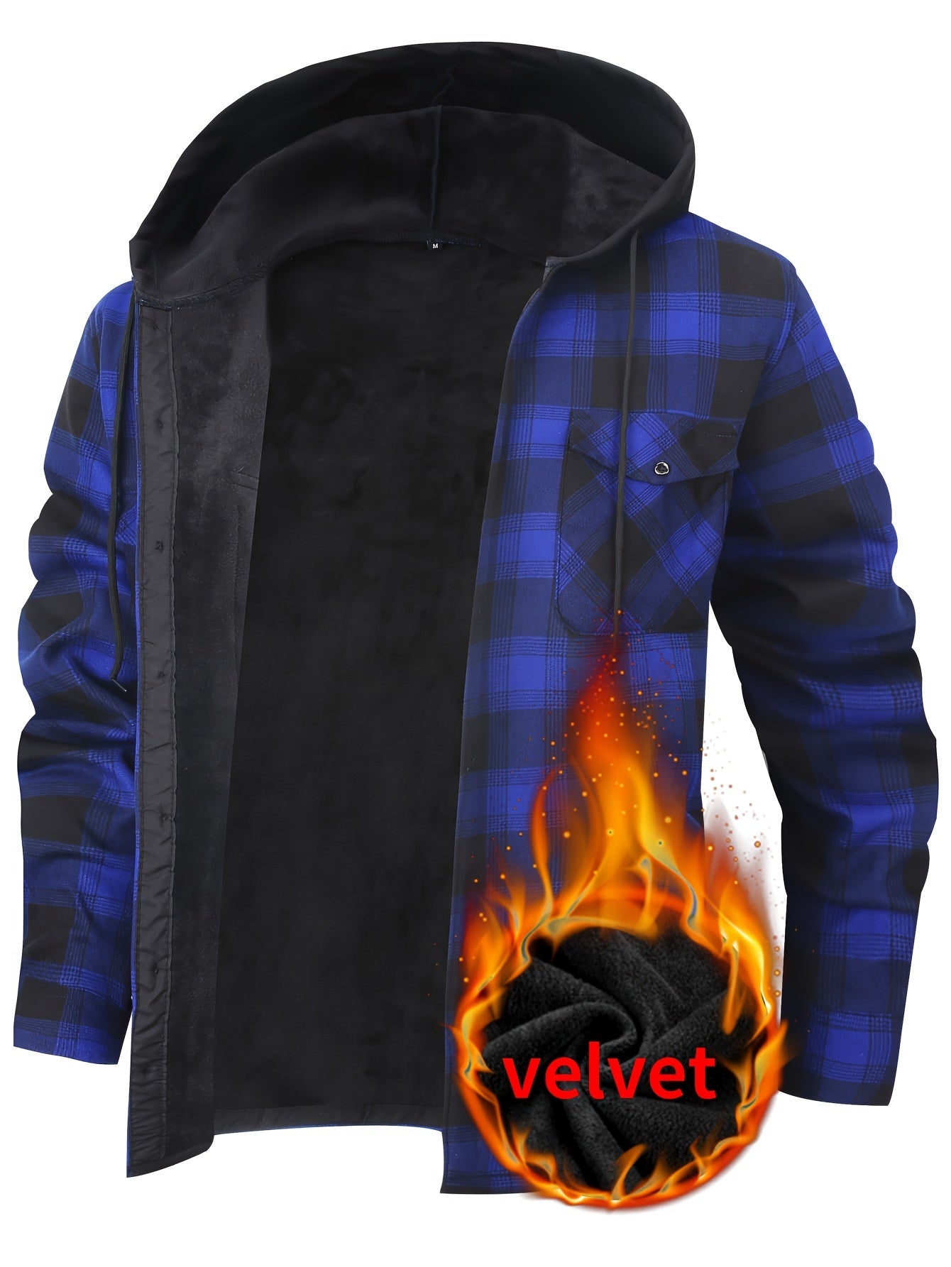 Men's Plaid Hooded Long Sleeve Shirt with Pockets, 100% Polyester Woven Fabric, Adult Basic Winter Warm-Up Top with Hood, No Bra, Elastic Fit, Regular Fit