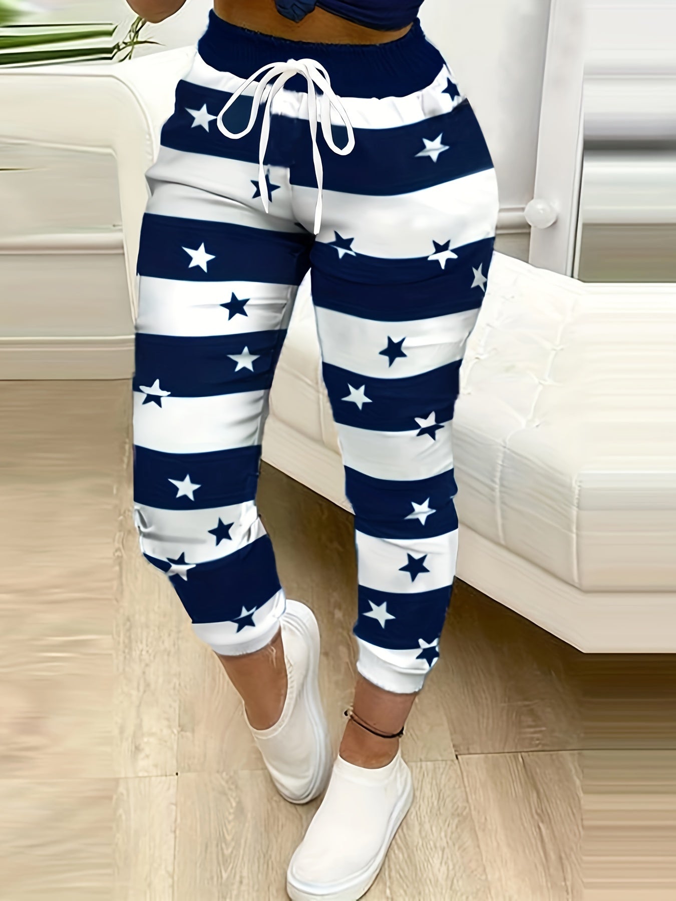 Stars & Stripe Print Pants, Casual Drawstring Waist Jogger Pants, Women's Clothing