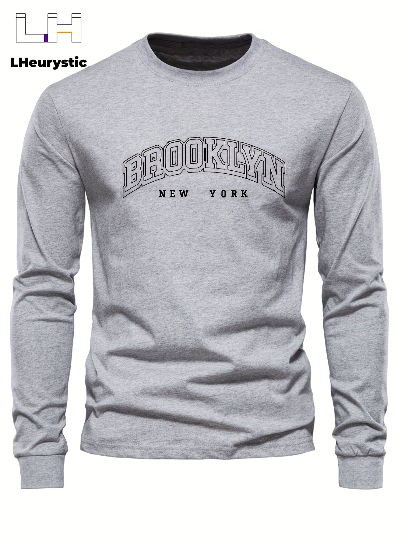 BROOKLYN NEW YORK Print, Men's Graphic Design Crew Neck Long Sleeve T-shirt, Casual Comfy Shirts For All Seasons, Men's Flexible Clothing Tops