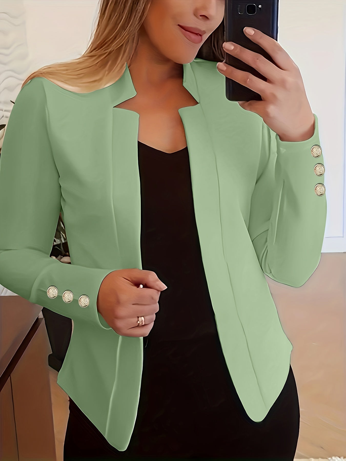 Long Sleeve Solid Color Casual Blazer - Button Front, Micro Elasticity, Polyester Fabric, Loose Fit, Regular Length - Perfect for Office & Work, Womens Clothing