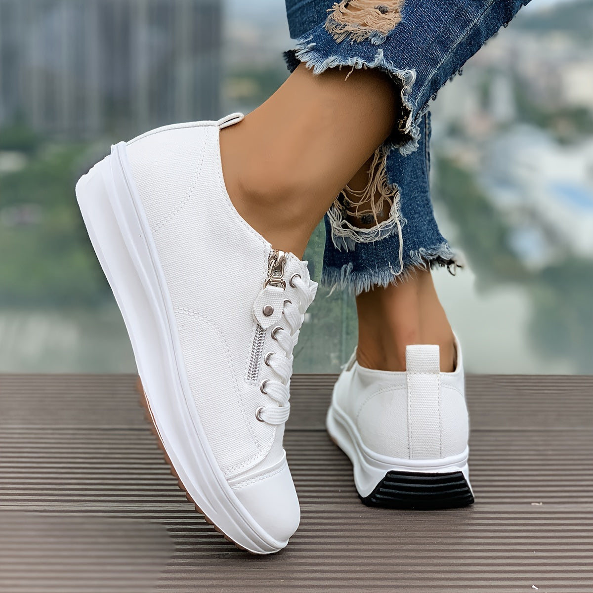 Women's Canvas Sneakers, Side Zipper Design Lace Up Low Top Sports Shoes, Casual Wedge Walking Shoes