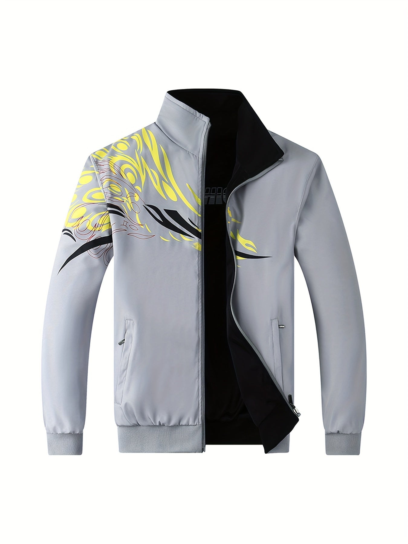 Men's Fashion Athletic Reversible Jacket With Geometric Print - Lightweight Spring/Autumn Stand Collar Jacket With Pockets