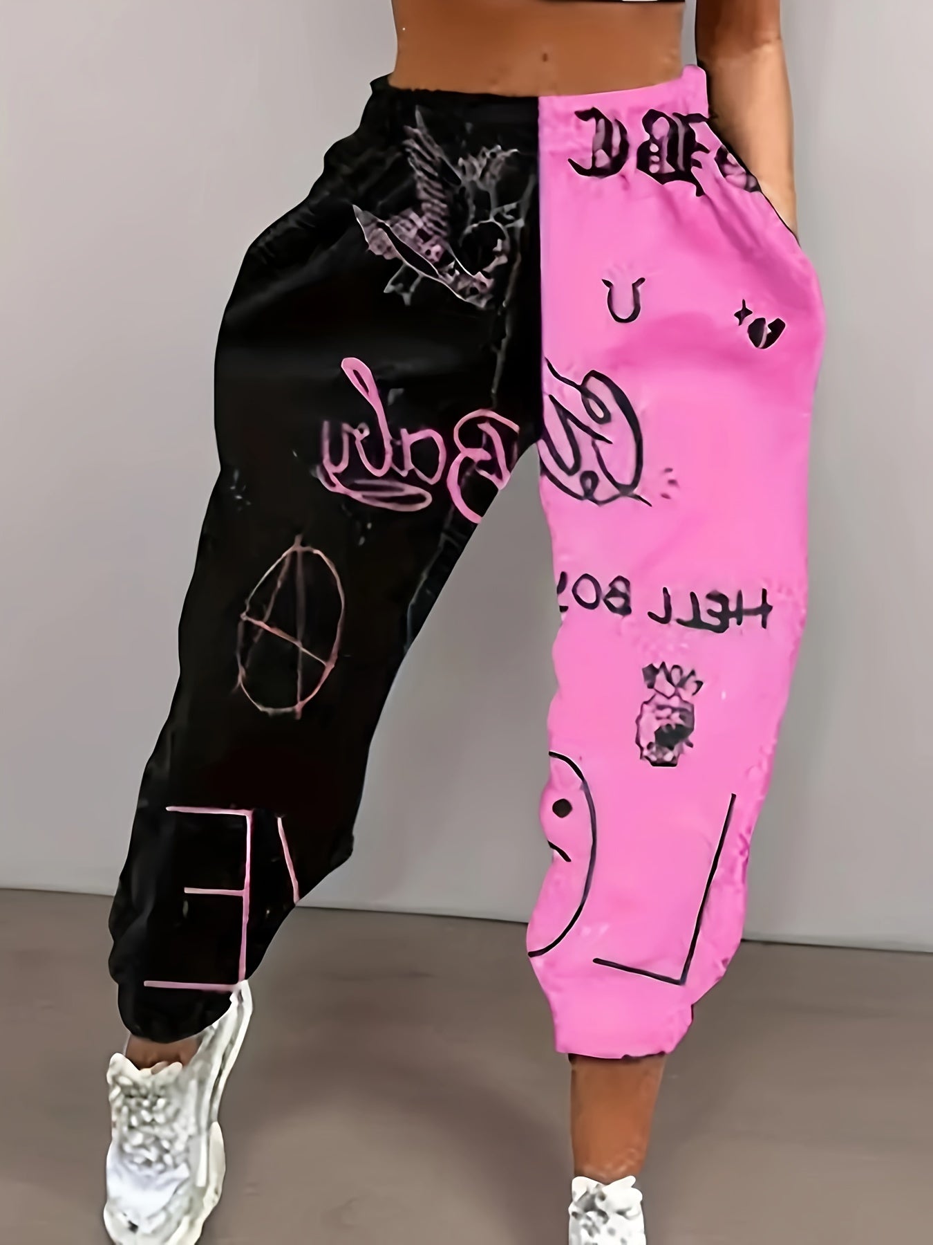 Women's Casual Sweatpants, Color-Block Drawstring Joggers, Loose Fit, Cuffed Ankles, Streetwear Style, Sports & Leisure Pants