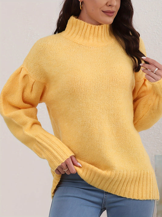 Solid Mock Neck Knit Sweater, Elegant Long Sleeve Pullover Sweater For Fall & Winter, Women's Clothing