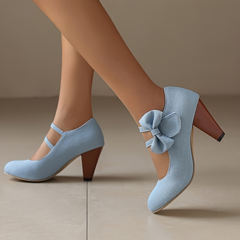 Women's Fashion Denim Mary Jane Kitten Heels with Bowknot, Round Toe High Heels for Dress, Party, Banquet, Festival