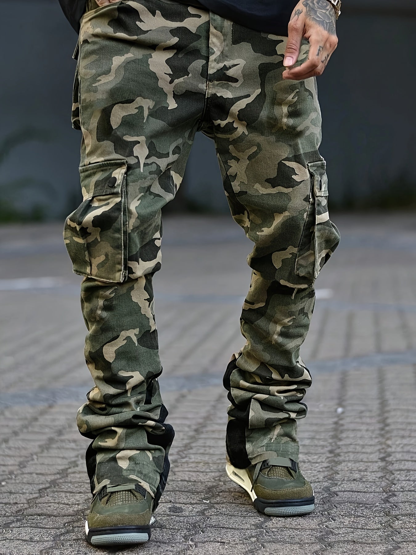 Men's Casual Camo Cargo Pants Polyester 100% Loose Fit All-Season Utility Trousers with Color Block Details Non-Stretch Woven Fabric