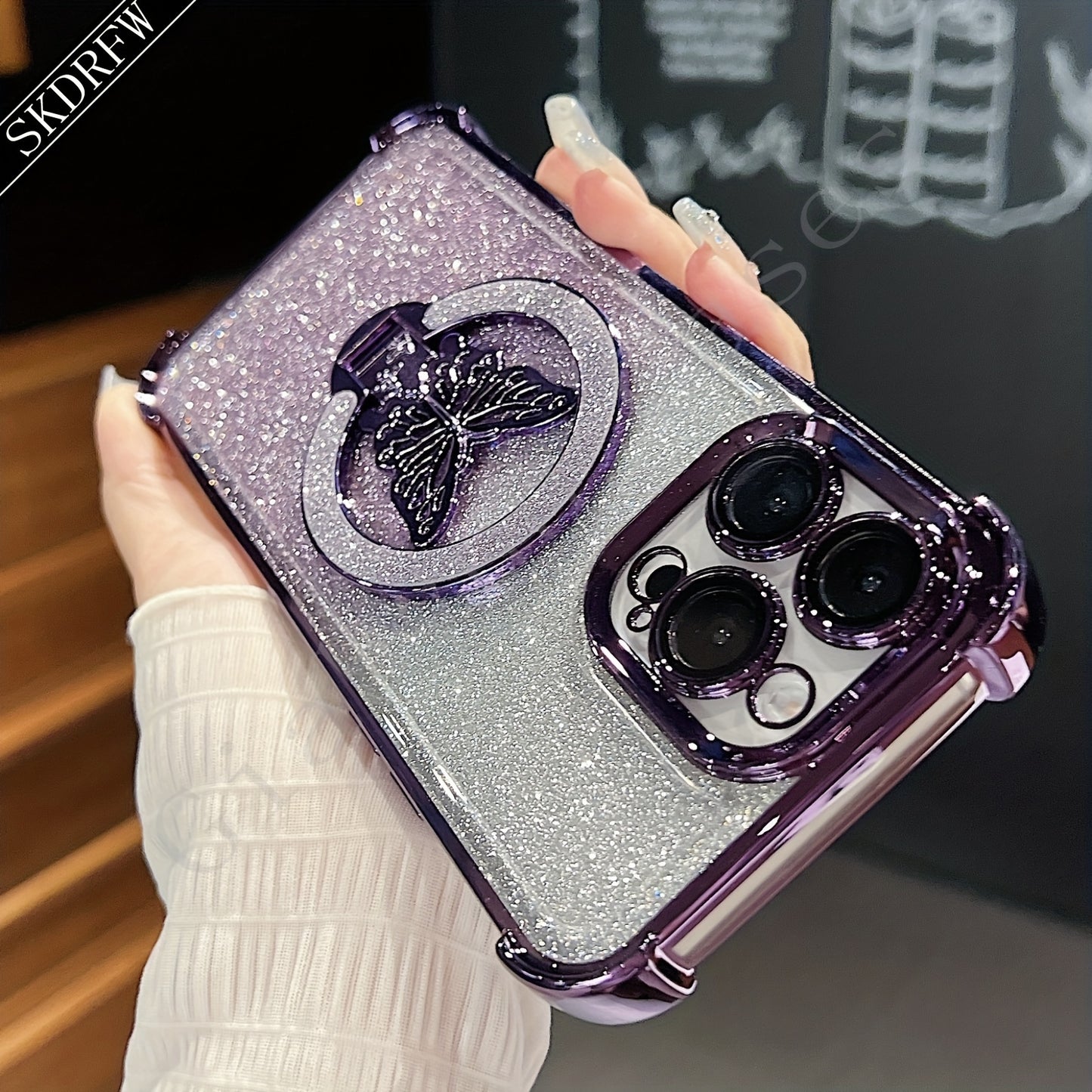 New Luxury Butterfly Glitter Bracket Super Strong Magnetic Ring with Lens Protection Film Transparent Electroplated Mobile Phone Case Suitable for Apple Mobile Phones for iPhone 16/16pro/16plus/16promax/15/15pro/15plus/15prom