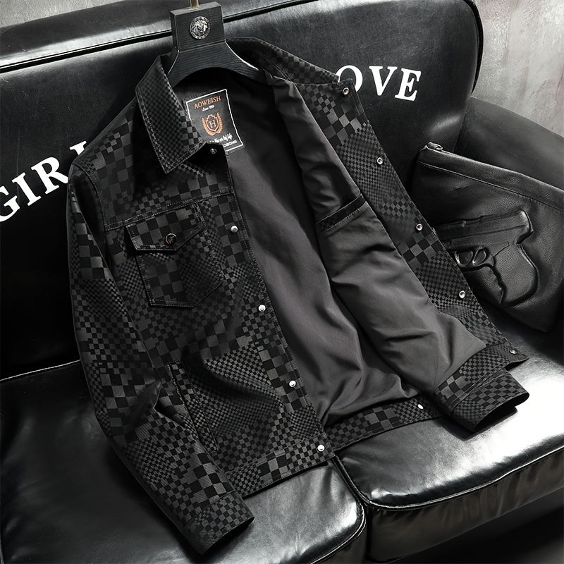 Men's Casual Checkerboard Pattern PU Leather Jacket, Button Up Lapel Jacket