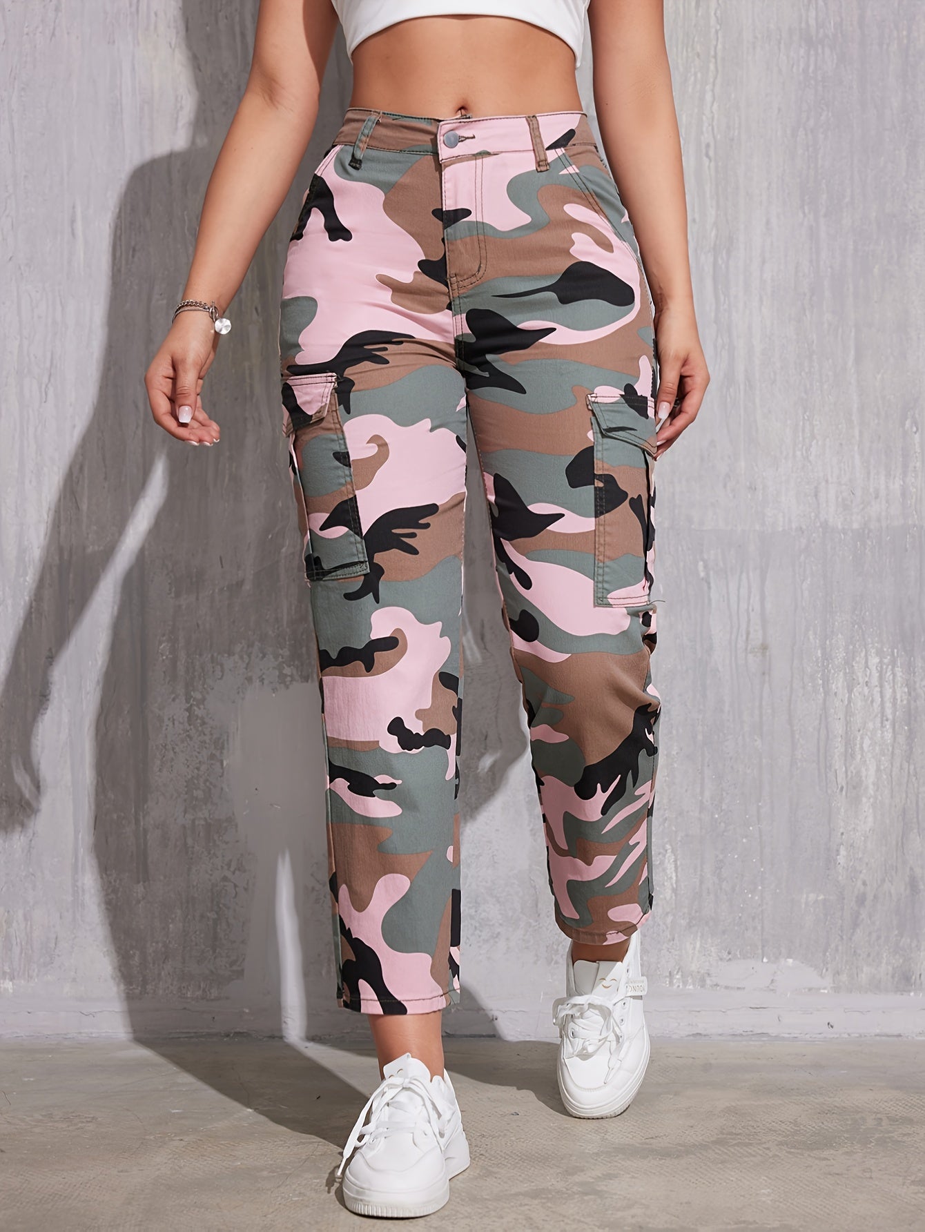 Camouflage Print Side Flap Pocket Cargo Jeans, High Rise Y2K Kpop Cropped Denim Pants, Women's Denim Jeans & Clothing