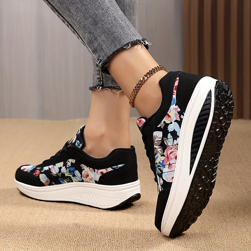 Women's Vintage Print Casual Sneakers, Lace Up Platform Soft Sole Walking Shoes, Round Toe Sporty Rocking Trainers