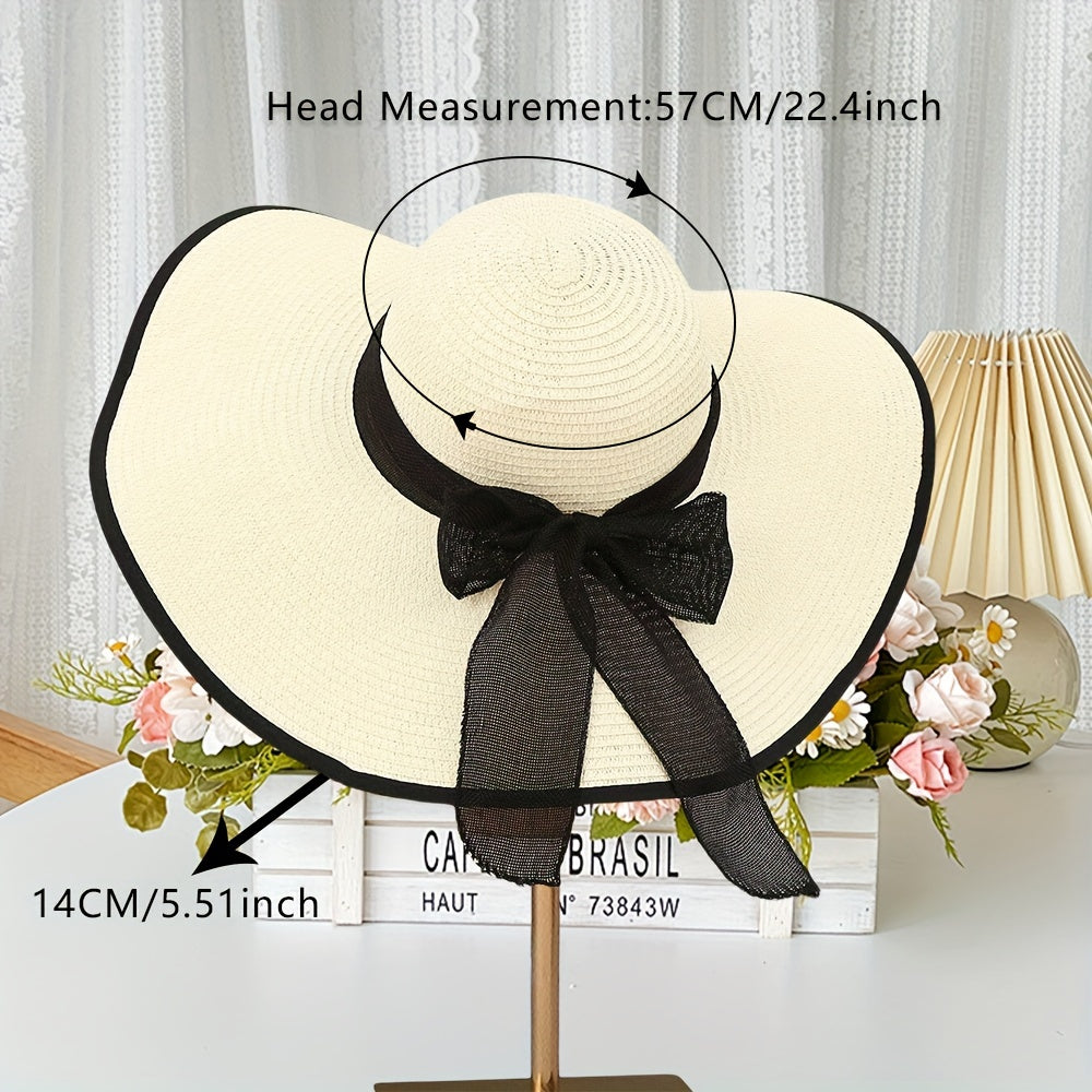 Chic Wide Brim Straw Sun Hat for Women - Trendy Korean Style with Sweet Bow, UV Protection, Perfect for Beach & Summer Trips