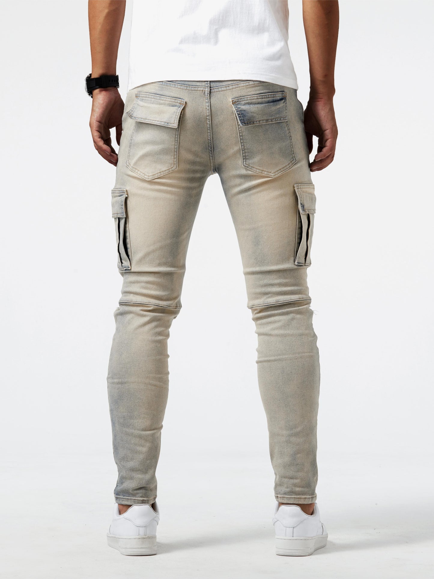 Slim Fit Multi Pocket Jeans, Men's Casual Street Style High Stretch Denim Cargo Pants