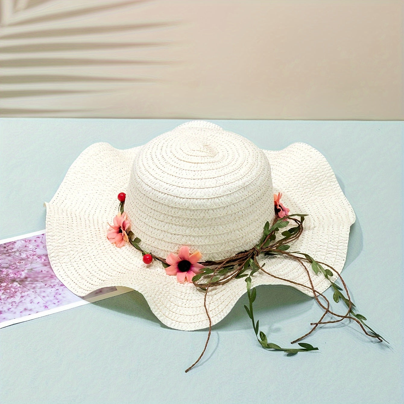 Summer Sun Protection Straw Hat for Women with Floral & Fruit Accents - Paper Wide-Brim Bohemian Garden Style Hat, Inelastic, Non-Washable, Seasonal Occasion Theme With Sun Shield - Pack of 1