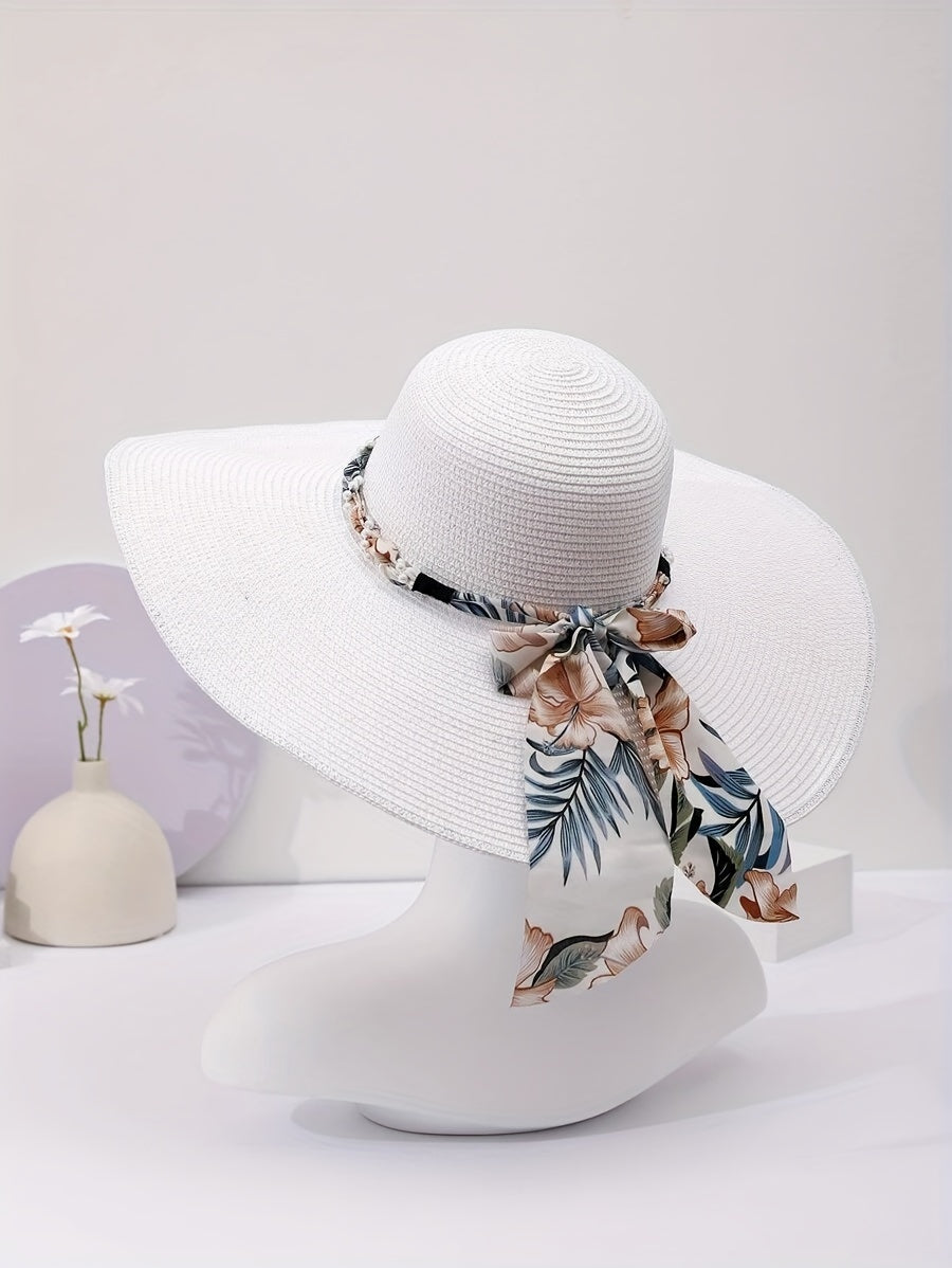 Chic Oversized Brim Sun Hat For Women - White With Pearl & Tropical Print Bow, Perfect For Beach Vacations & Summer Travel