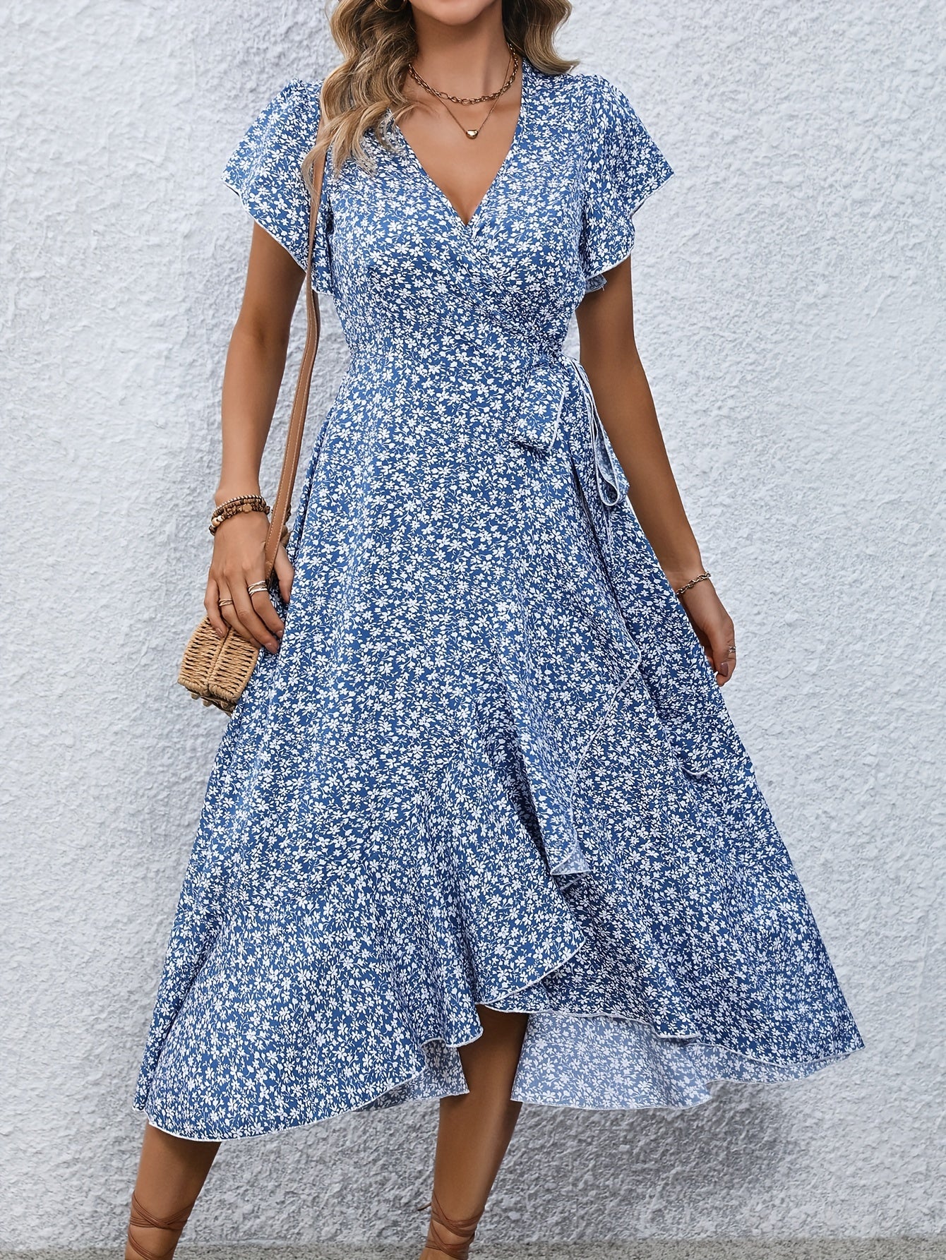 Floral Print Surplice Neck Tied Dress, Casual Flutter Sleeve Ruffle Hem Dress For Spring & Summer, Women's Clothing