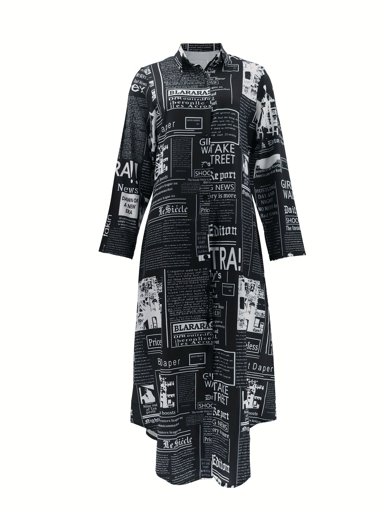 Newspaper Print Shirt Dress, Casual Button Front Long Sleeve Dress, Women's Clothing