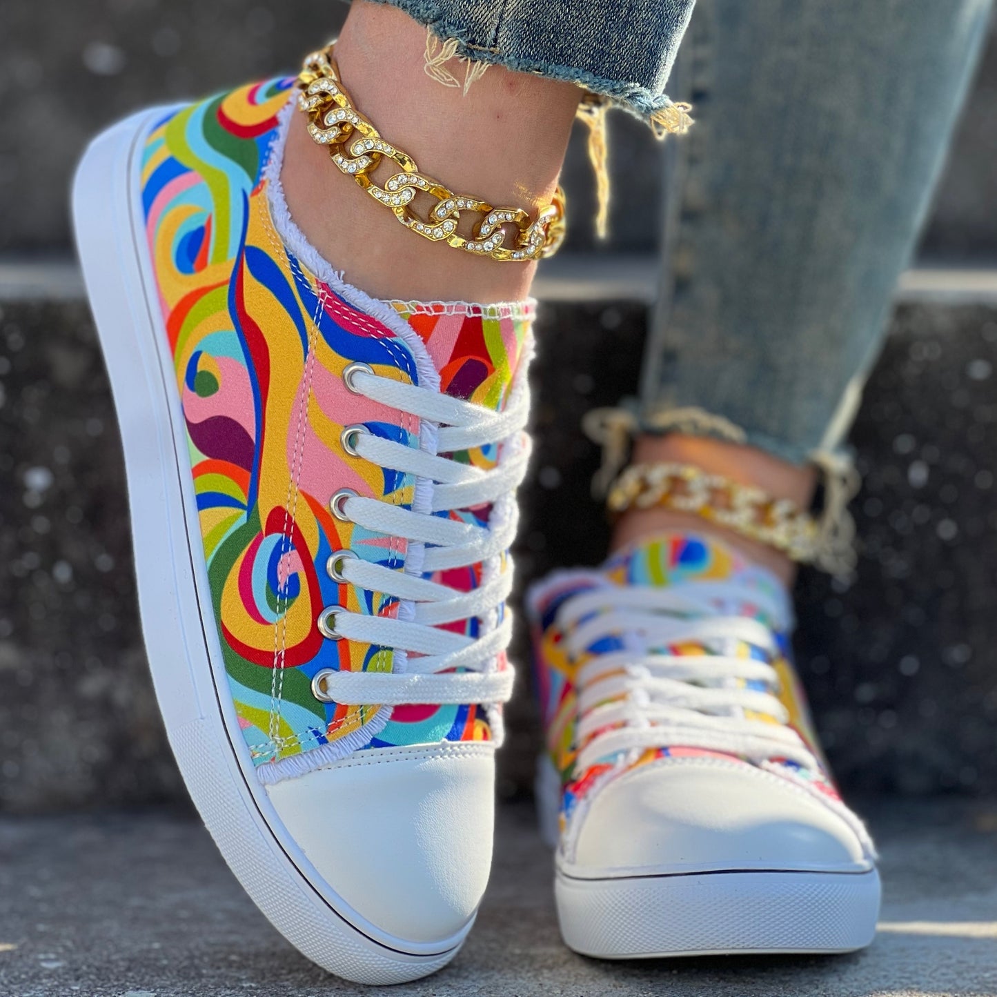 Women's Rainbow Print Sneakers, Lace Up Lightweight Walking Skate Shoes, Low-top Comfort Canvas Shoes