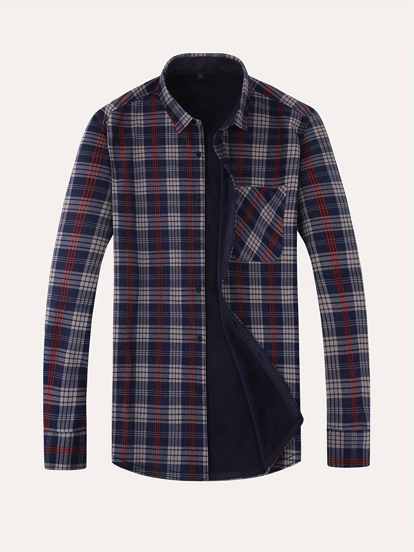 Men's Fleece-Lined Casual Plaid Shirt - Warm, Comfortable & Wrinkle-Resistant for Fall/Winter | Long Sleeve, Slim Fit with Button-Up Front, Polyester Blend, Non-Sheer - Stylish Men's Autumn & Winter Wear