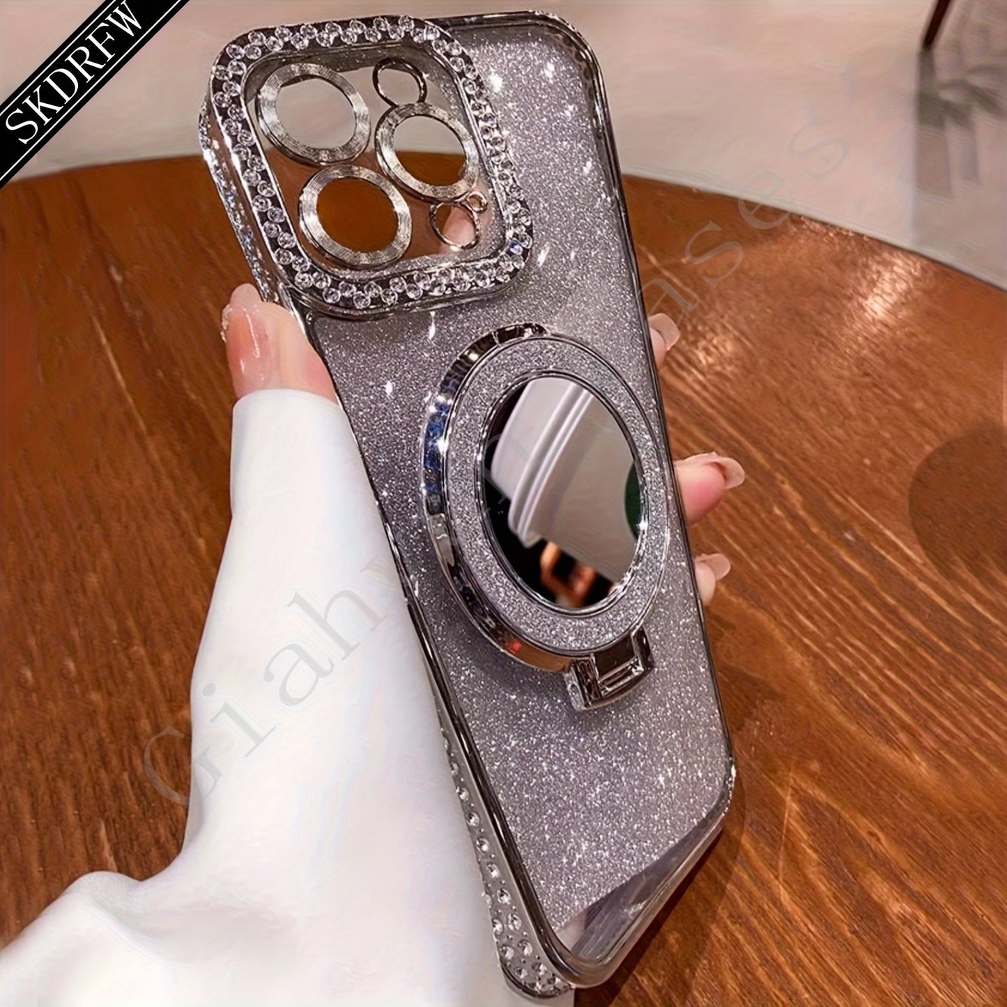 New Luxury High-Grade Glitter Double Row Diamond Mirror Magnetic Bracket All-Inclusive Lens Mobile Phone Case Suitable for Apple for Iphone 16 15 14 13 12 11 Pro Max / Niche Transparent Anti-Fall Soft Glue Protective Back Cov