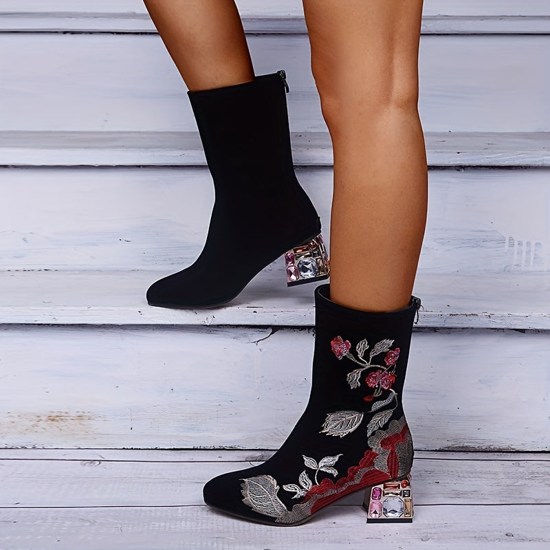 Women's Floral Embroidered Short Boots, Elegant Rhinestone Chunky Mid Heeled Boots, Fashion Baci Zipper Boots