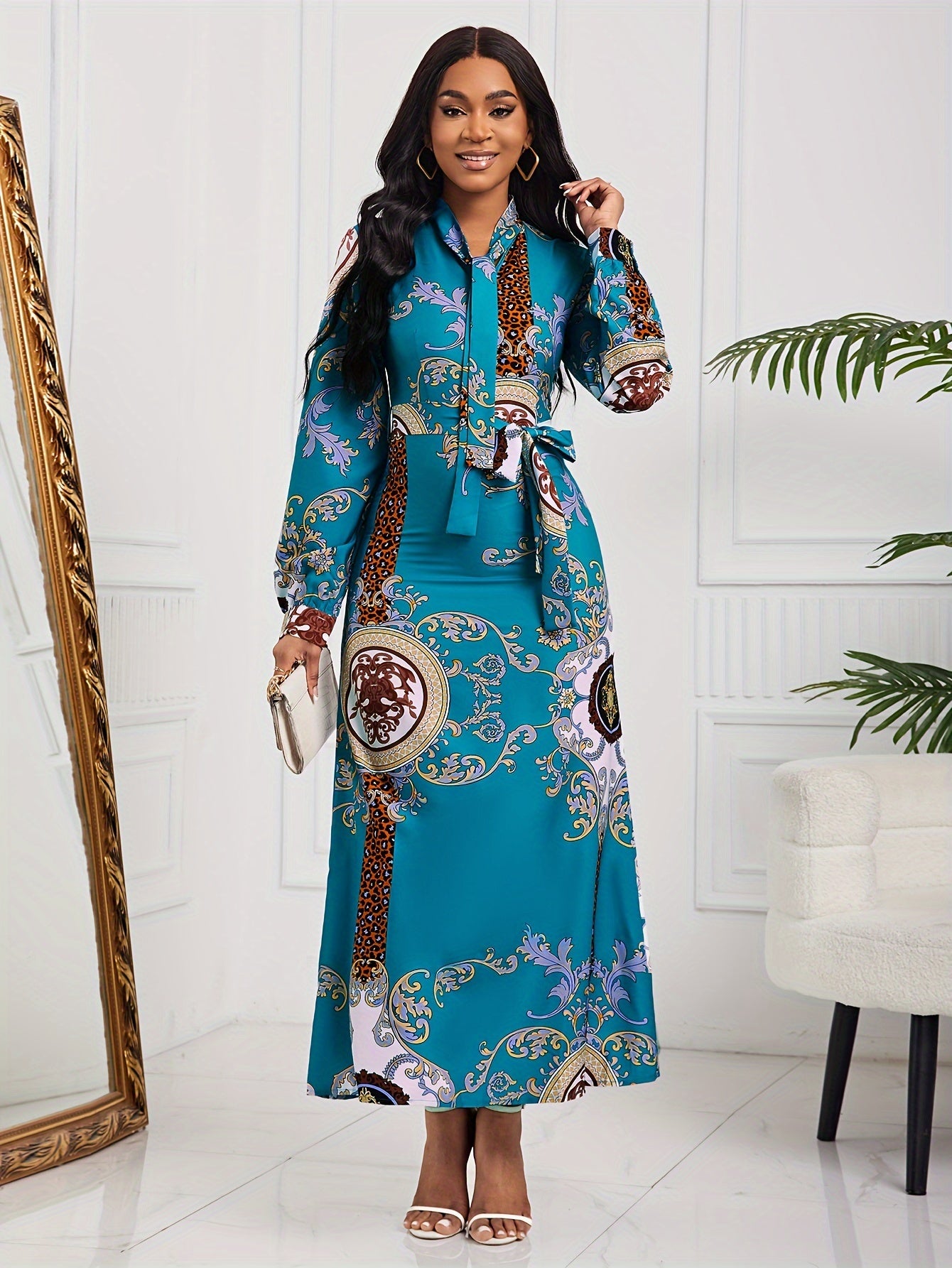 Tribal Print Tie Neck Dress, Elegant Long Sleeve Maxi Dress For Spring & Fall, Women's Clothing